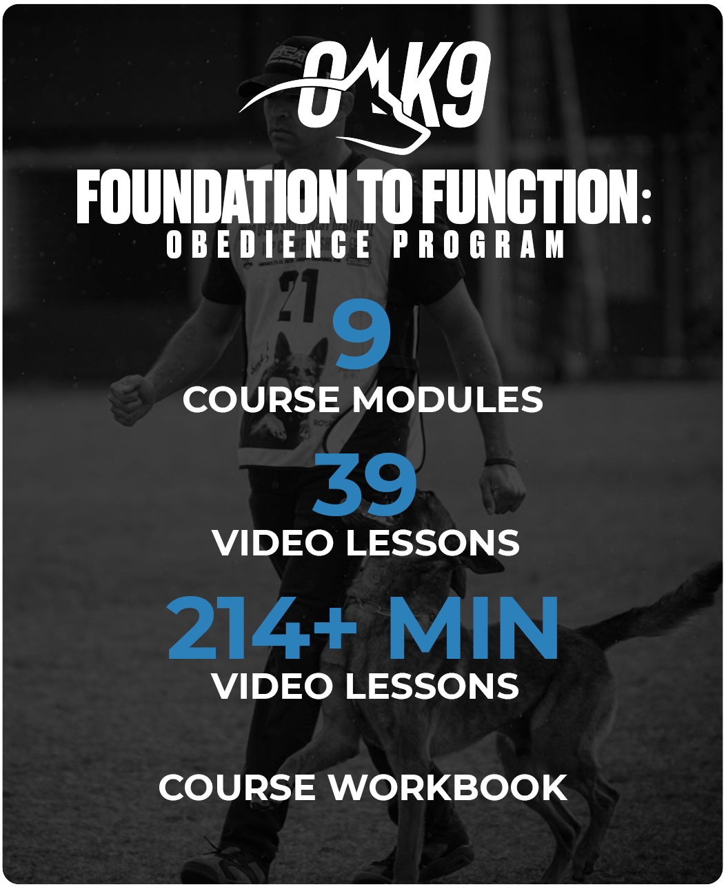 Text overlay on a black-and-white image of a person with a dog, promoting an obedience training program. The text details course modules, video lessons, and course workbook.