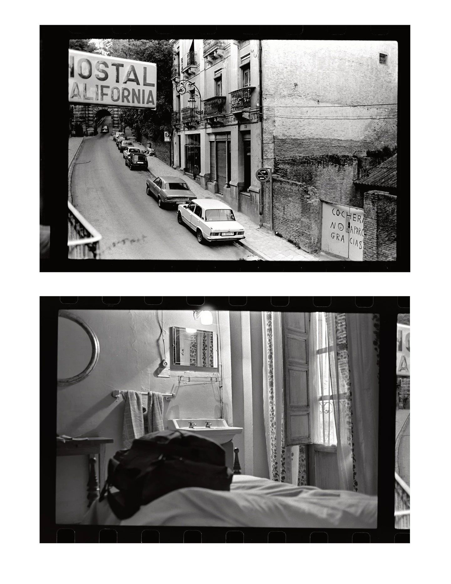 Hostal California, Grenade, 1985. Lors d'un long voyage en Europe, j'avais entrepris de photographier toutes les chambres d'h&ocirc;tel o&ugrave; j'&eacute;tais all&eacute;, ainsi qu'une vue de la fen&ecirc;tre.