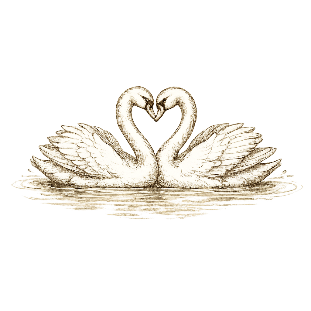 Two swans facing each other with their necks forming a heart shape, floating on water.