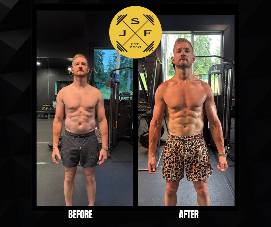 Client transformation at Jeremy Scott Fitness showing an 18.4-pound weight loss and body fat reduction from 14% to 9.9% through nutrition coaching, strength training, and the Old Man Shredded program.