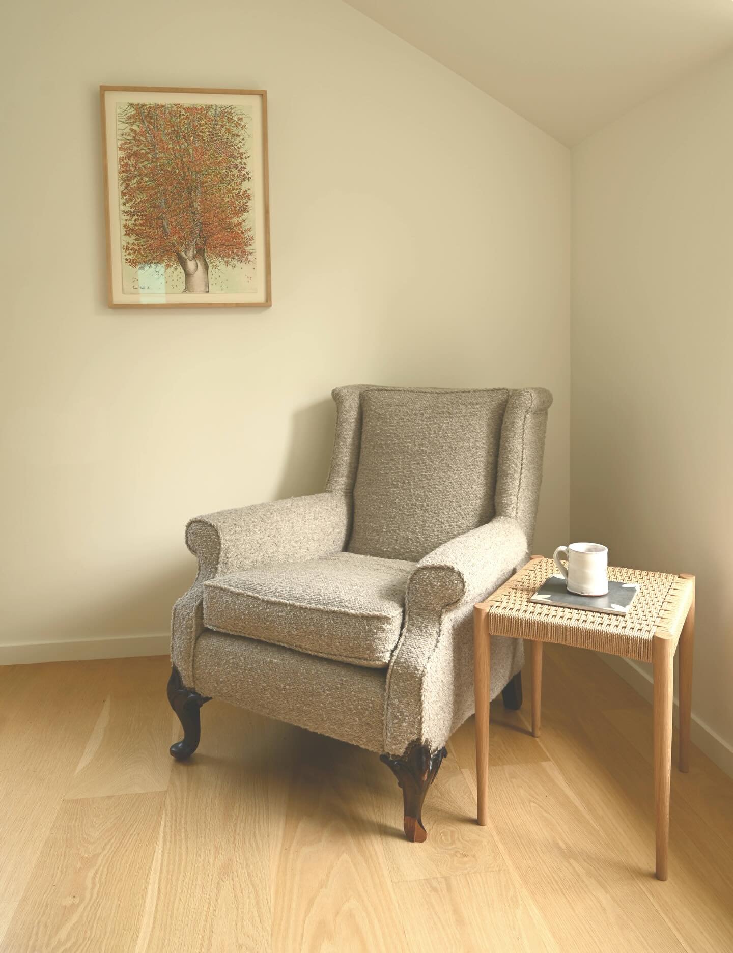 These Danish cord stools can be used as both a seat and a side table. They are stackable and come in white oak, walnut, and ash. Contact me for more info or visit my Etsy page (link in bio).