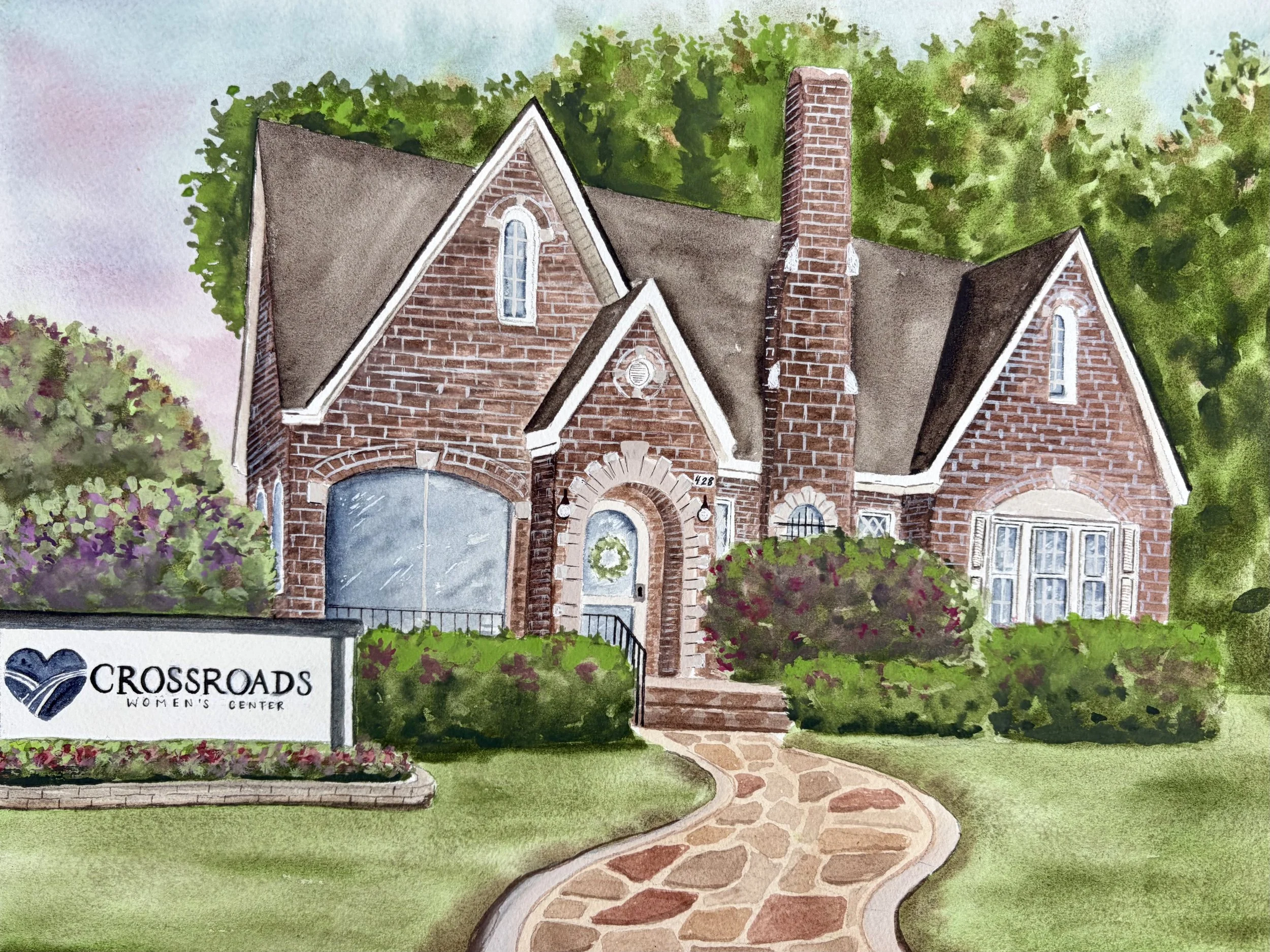 Watercolor painting of a brick building with a steep roof, tall chimney, and arched windows surrounded by trees and a lawn, with a stone pathway leading to the entrance.