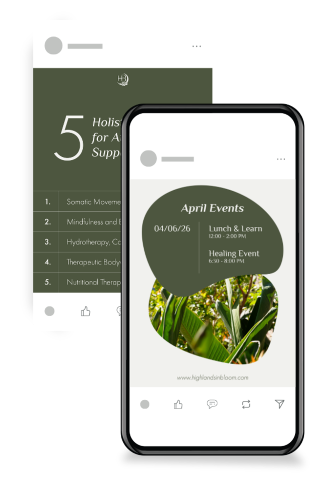 Smartphone screens displaying event information for April, including lunch and learning from 12:00 to 2:00 PM and a healing event from 6:50 to 8:00 PM, with a background of green leaves.