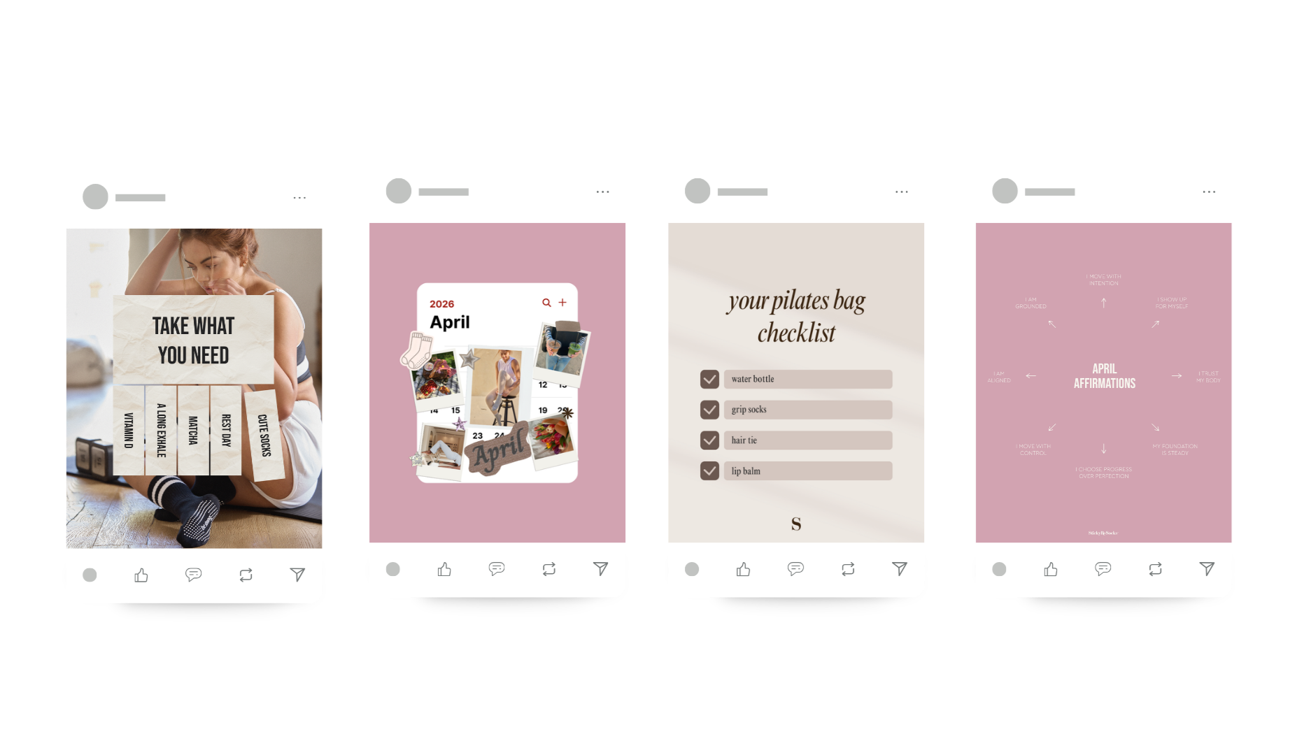 Series of four social media posts featuring motivational quotes, a calendar with photos, a Pilates bag checklist, and April affirmations, with a consistent pink and beige color scheme.