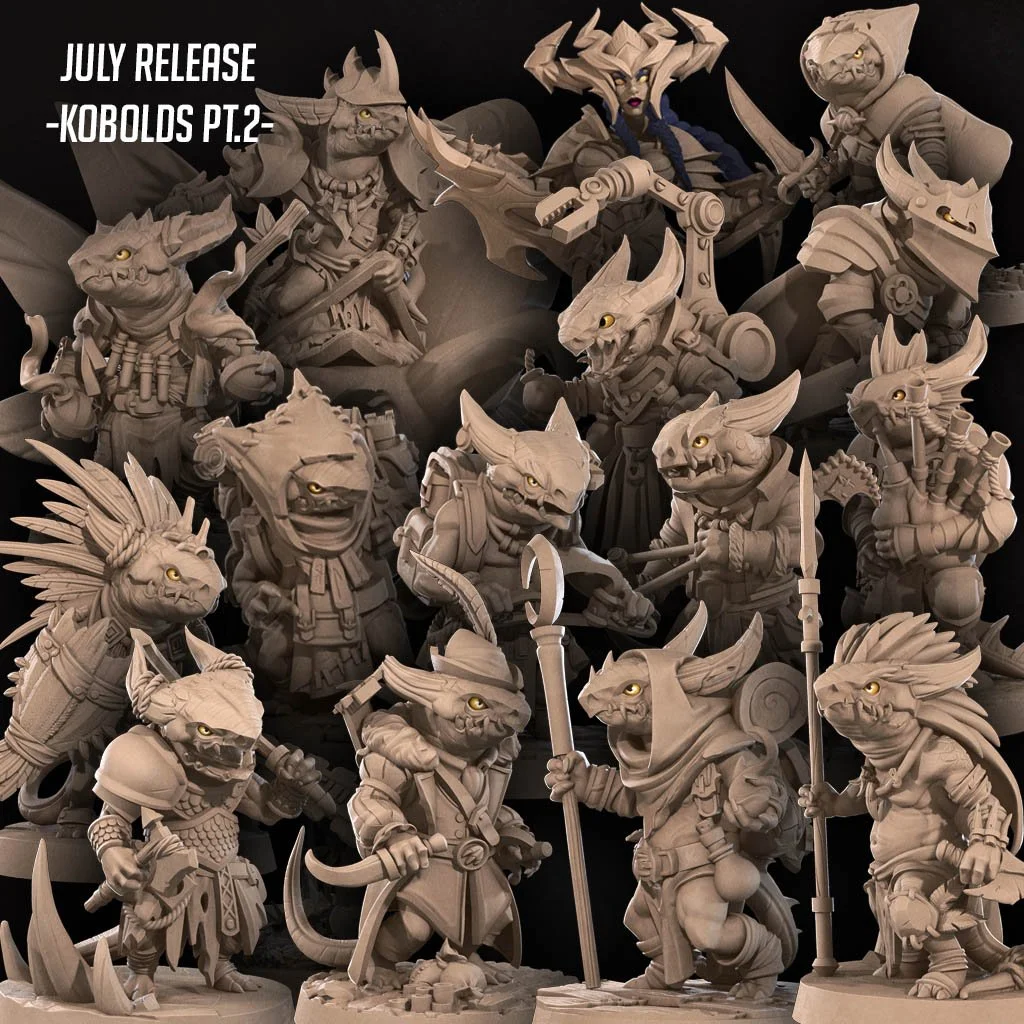 Collection of fantasy-style goblin and beast figurines with weapons, armor, and expressive faces, set against a black background, promoting a July release of the KOBOLDS PT.2 series.