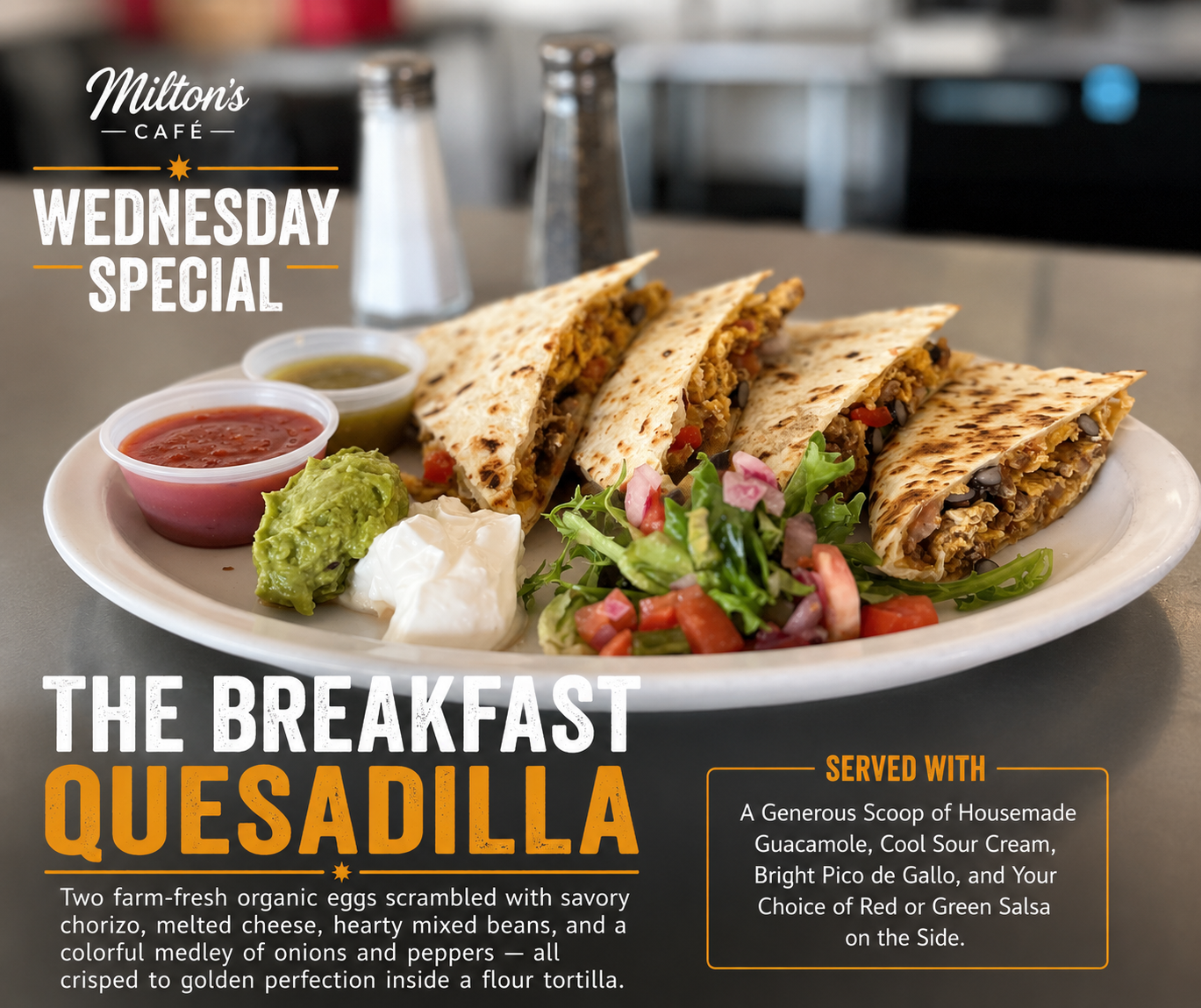 Wednesday Special at Milton’s Café featuring the Breakfast Quesadilla