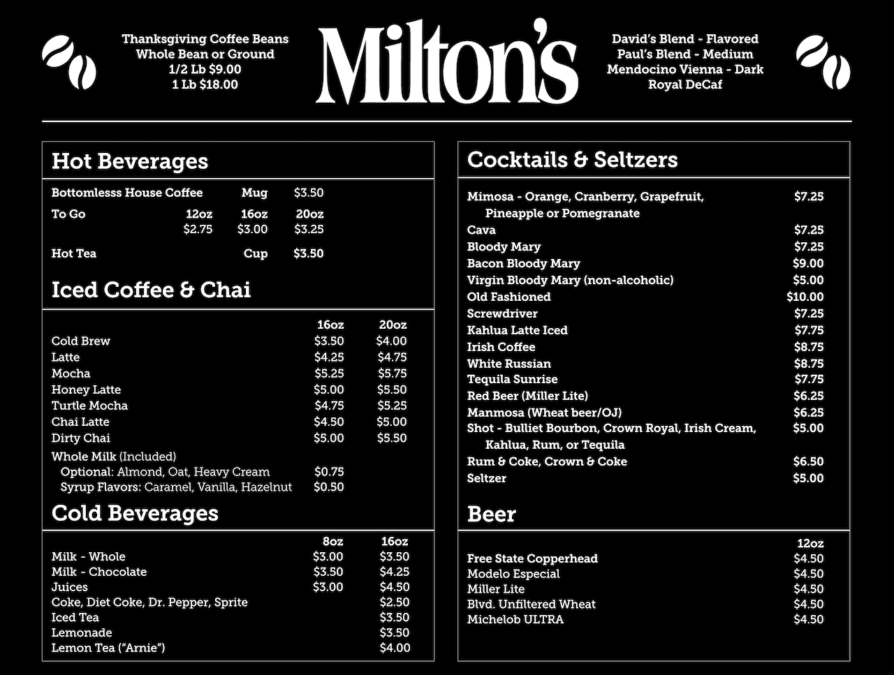 Coffee shop menu with prices for hot beverages, iced coffee, tea, cocktails, and beers, with a black background and white text.