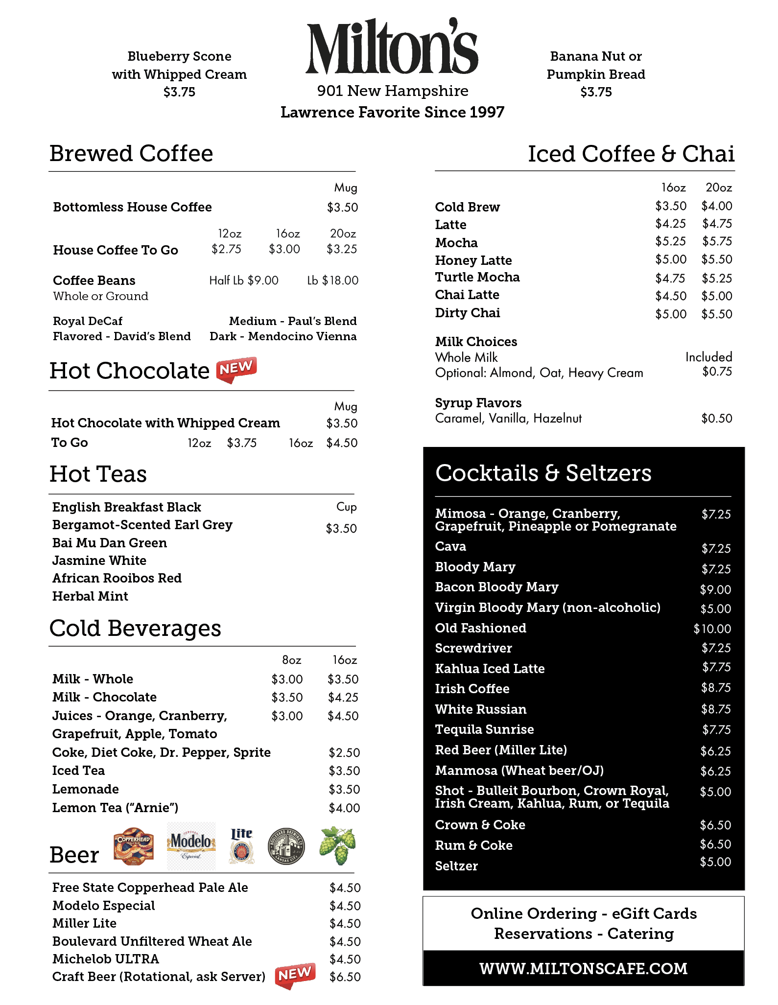 Menu for Milton's Café, located at 901 New Hampshire, Lawrence, KS. Includes brewed coffee, hot chocolate, hot teas, cold beverages, beer, iced coffee and chai, and cocktails and seltzers, with prices.