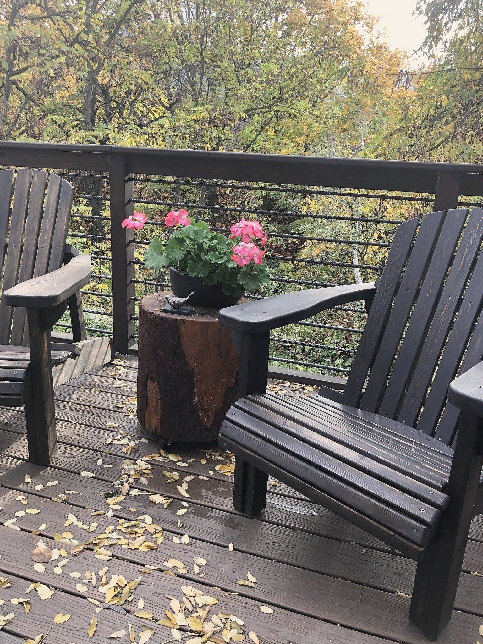 Backyard deck with potted plants and outdoor furniture, surrounded by trees and greenery.