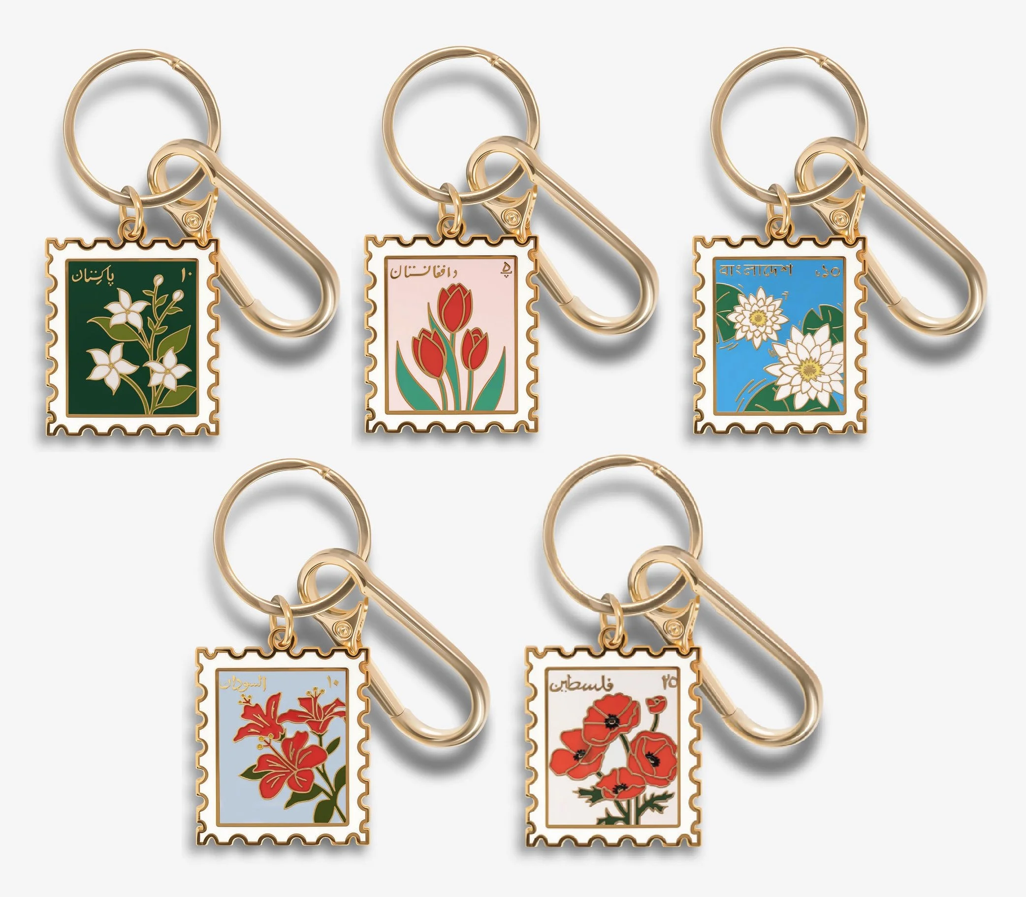 “Flowers from Home” keychains featuring national flowers for various countries in a postage stamp design.