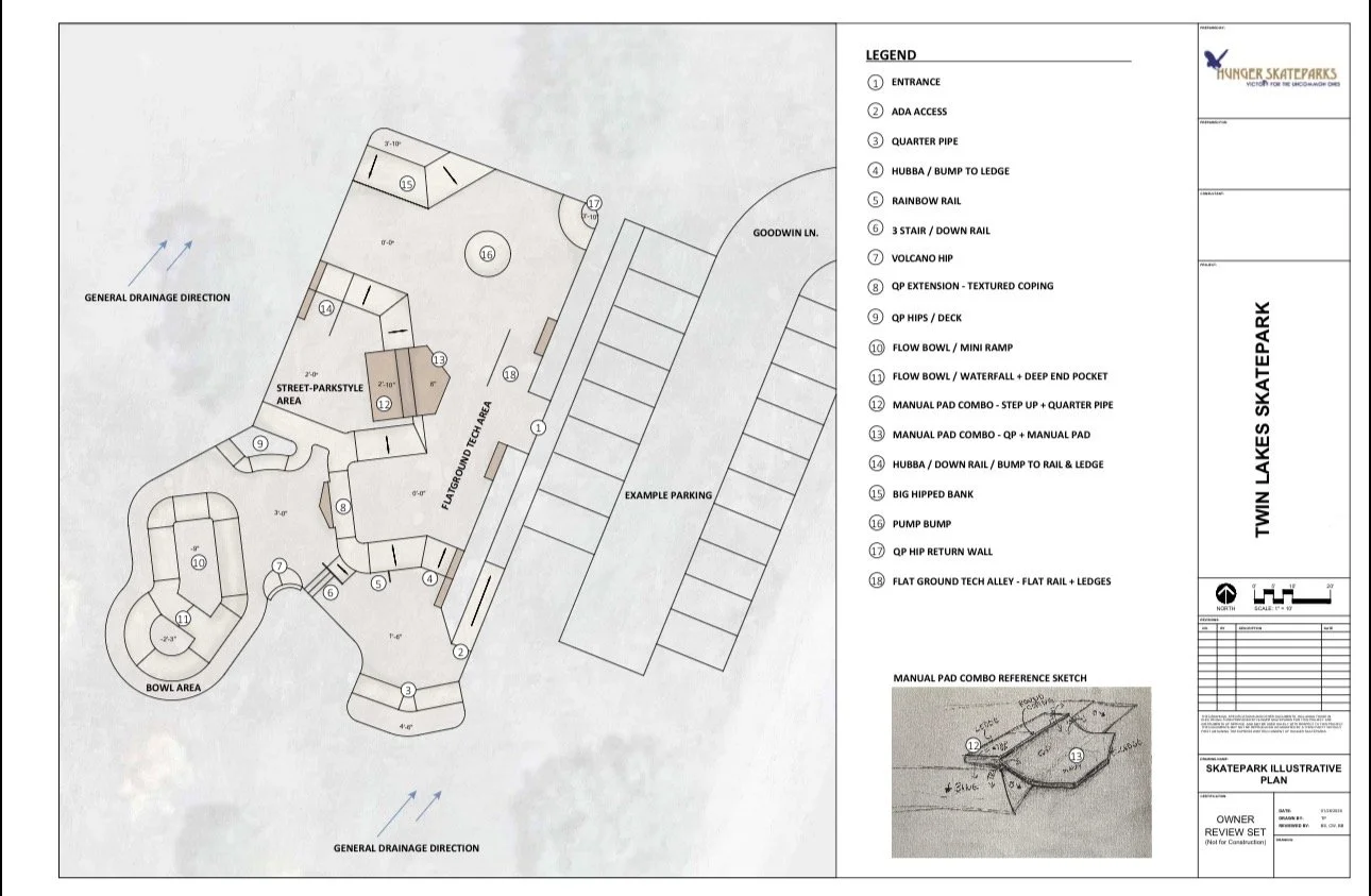 A detailed skatepark layout map with numbered features, including entrance, ADA access, various ramps, rails, bowls, and drainage directions, with a legend explaining each feature.