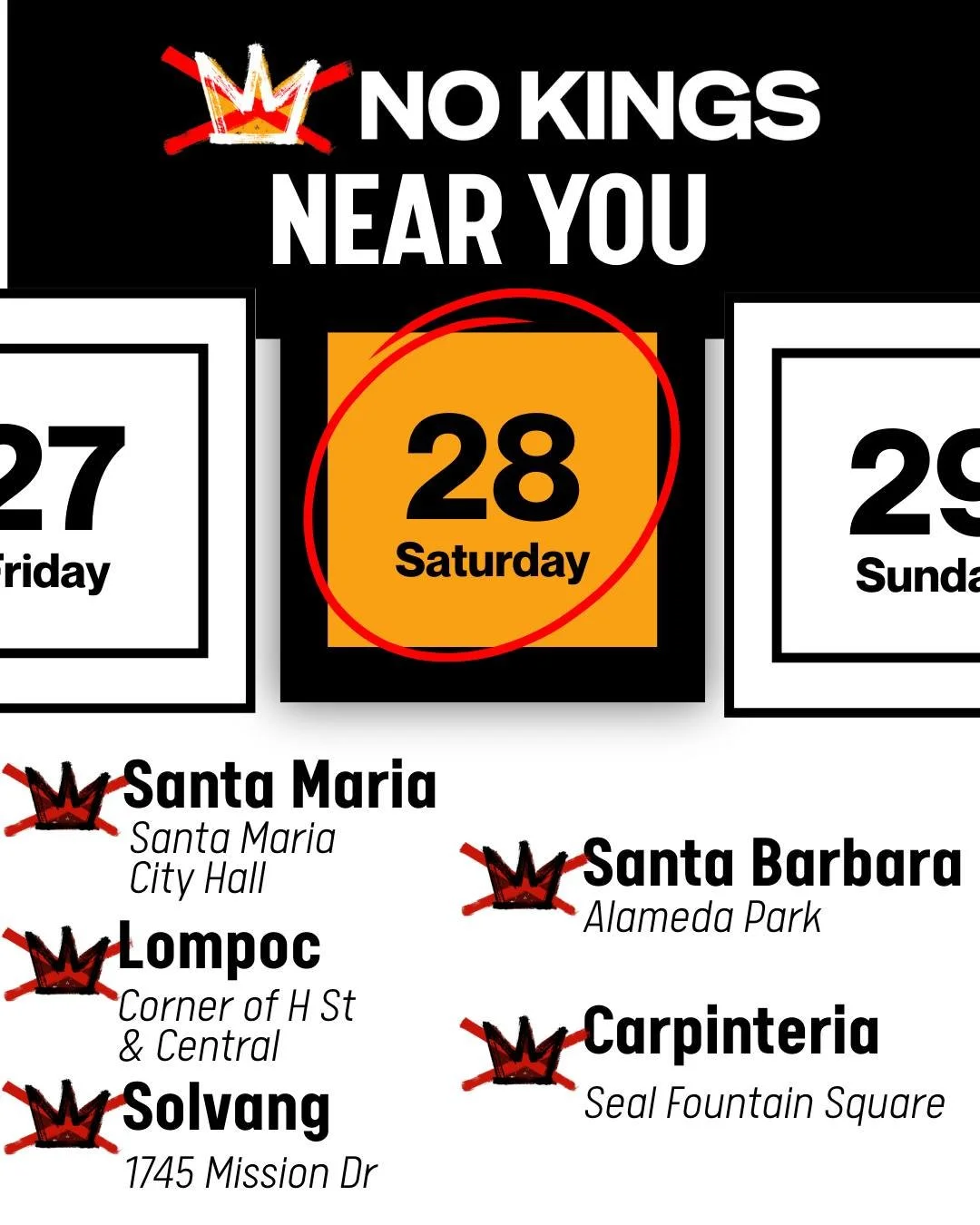 No kings. No war. No ICE.

Join No Kings activations on March 28th across Santa Barbara County as we stand together for democracy, accountability, and community power. ✊

📍 Santa Maria
📍 Lompoc
📍 Solvang
📍 Santa Barbara
📍 Carpinteria

Show up. S