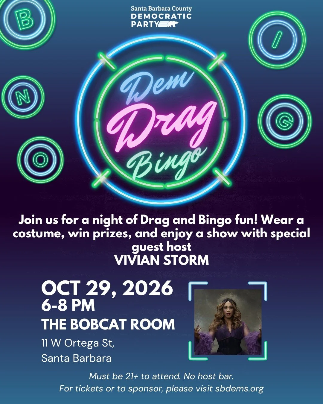 Bingo, but make it fabulous 💅✨

Join us for Dem Drag Bingo with special guest host @vivianstorm001 💙  Have a blast with your fellow Democrats while powering our work to elect champions of affordability and democracy countywide. 

📍 @bobcatroomsb
?
