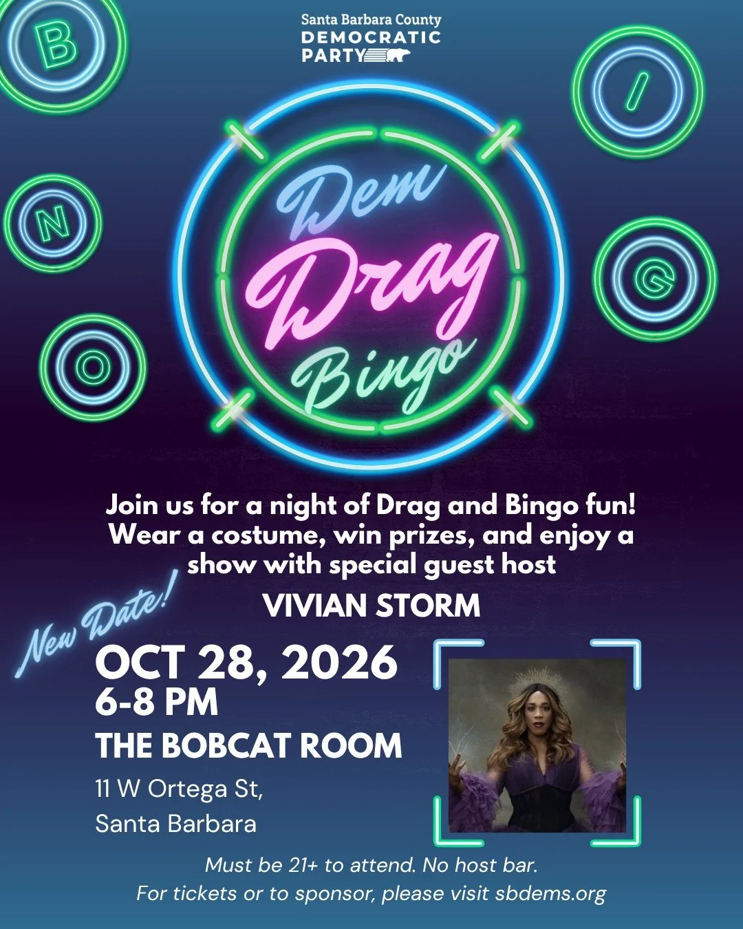 Bingo, but make it fabulous 💅✨

Join us for Dem Drag Bingo with special guest host Vivian Storm! Have a blast with your fellow Democrats while powering our work to elect champions of affordability and democracy countywide. 

📍 The Bobcat Room
🗓 We