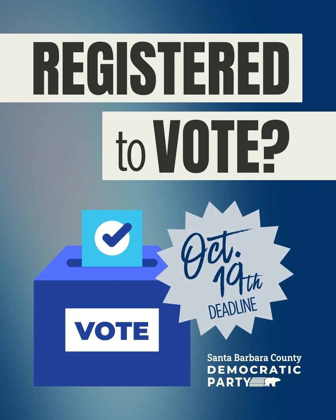 📝 Are you registered to vote?! Take a moment to check your registration or register to vote!

🚨 The deadline for the upcoming election is next week, 10/19!

🏠 If you have moved, changed your name, or want to update your party preference, or langua