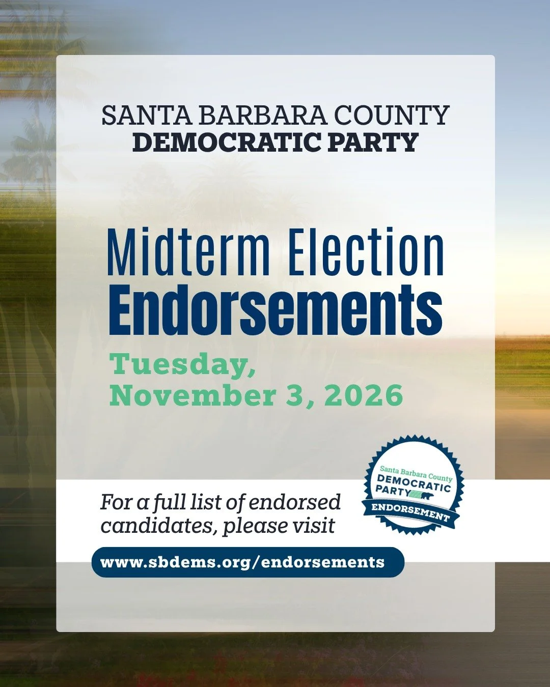 📖 Learn more about the Santa Barbara County Democratic Party's endorsed candidates for the Nov. 3rd Midterm Election.

📢 For a full list of endorsed candidates, please visit sbdems.org/vote