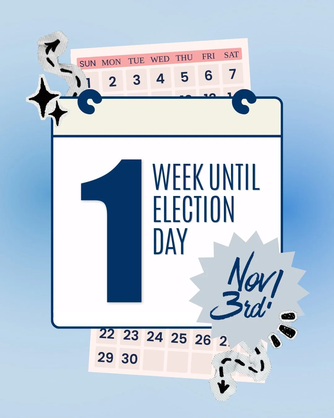 🗓️ 1 WEEK until Election Day! Next Tuesday, 11/3 is the Midterm General Election and there is still time to make a plan to vote.

🗳️ Fill out your ballot and drop it in an official ballot drop-box or mail it TODAY!

📮 To ensure your ballot is post