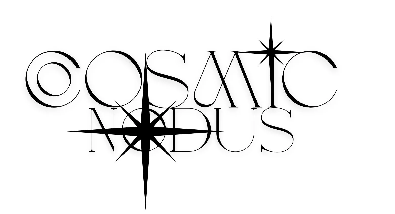 The words 'Cosmic Mindus' in stylized black font with two large black starbursts, one behind the 'O' and the other behind the 'X'.