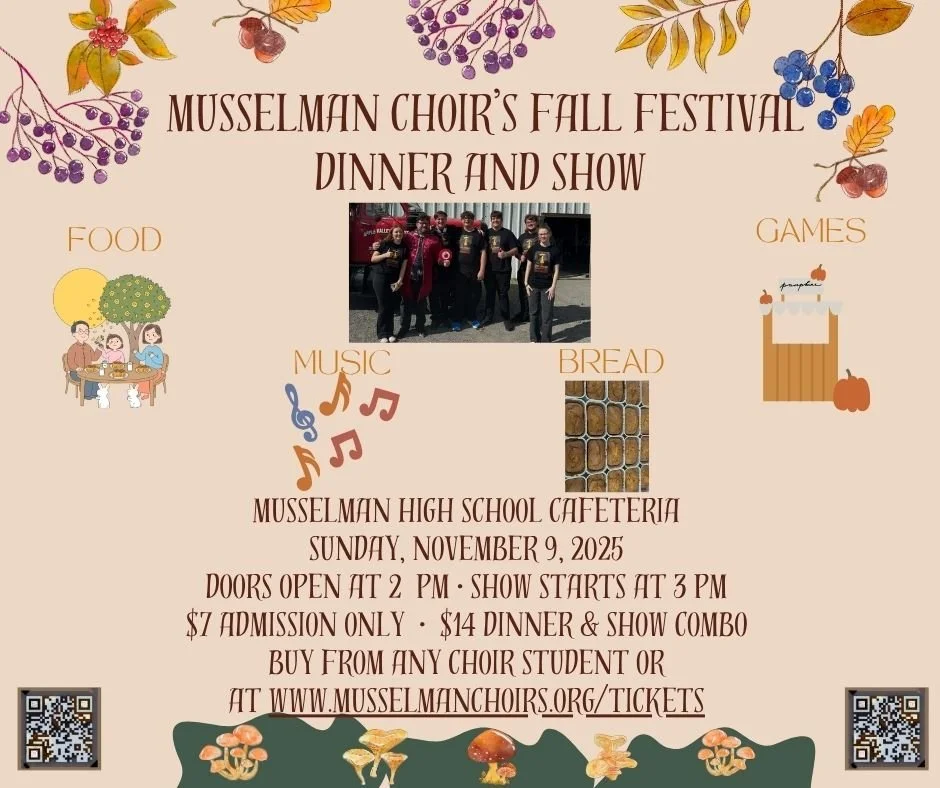 Ready for a fall-tastic time? 🎶 Join Musselman Choir's Fall Festival Dinner &amp; Show on Nov 9! Tickets: $7 (show only) or $14 (dinner &amp; show). Buy now at www.musselmanchoirs.org/tickets or from me!