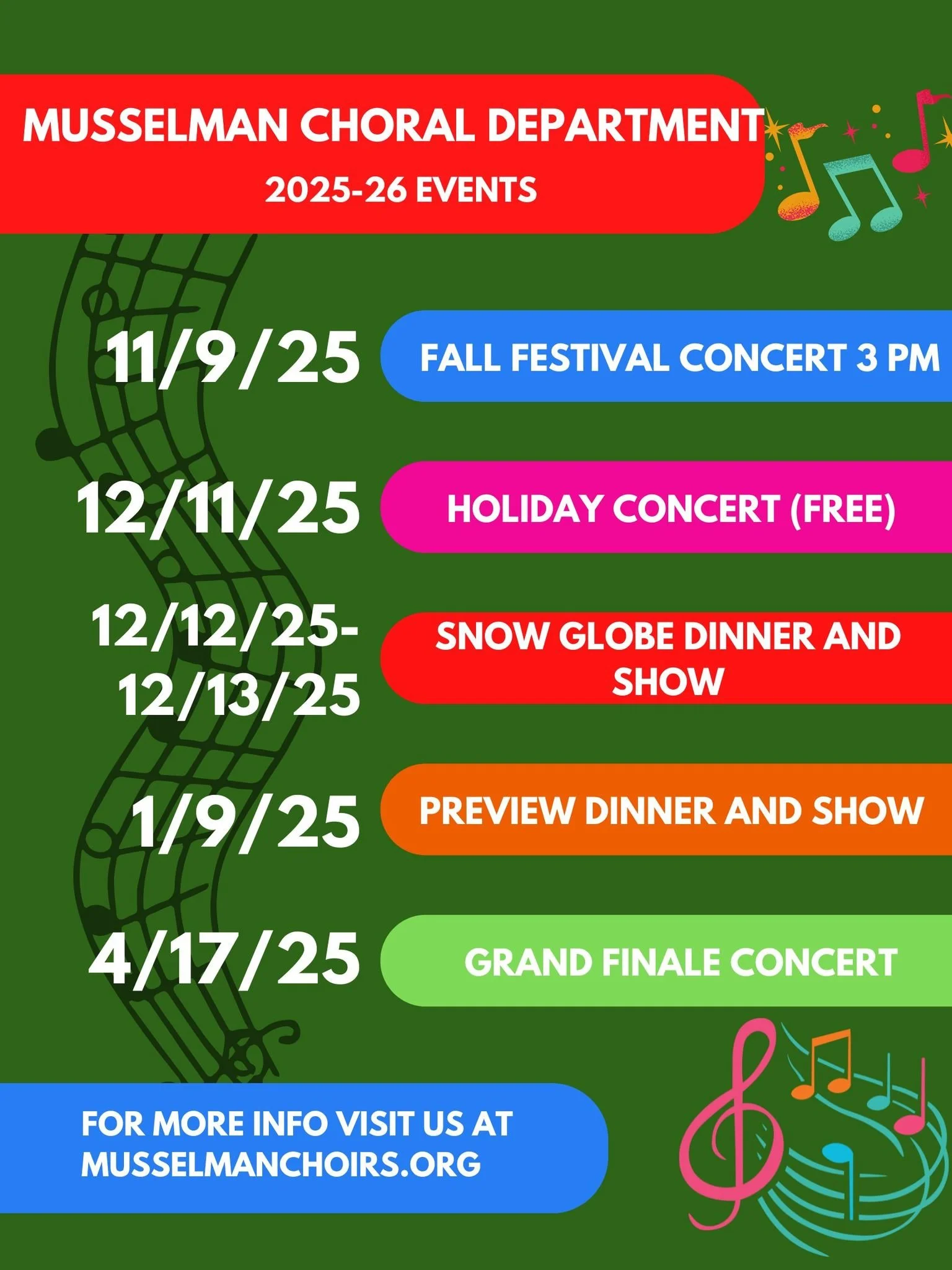 🎶 The 2025&ndash;26 Musselman Choral Department Season is here! 🎶

Get ready for a year filled with incredible performances, dinner shows, and community celebrations all right here at Musselman High! From fall festivities to our grand finale, every