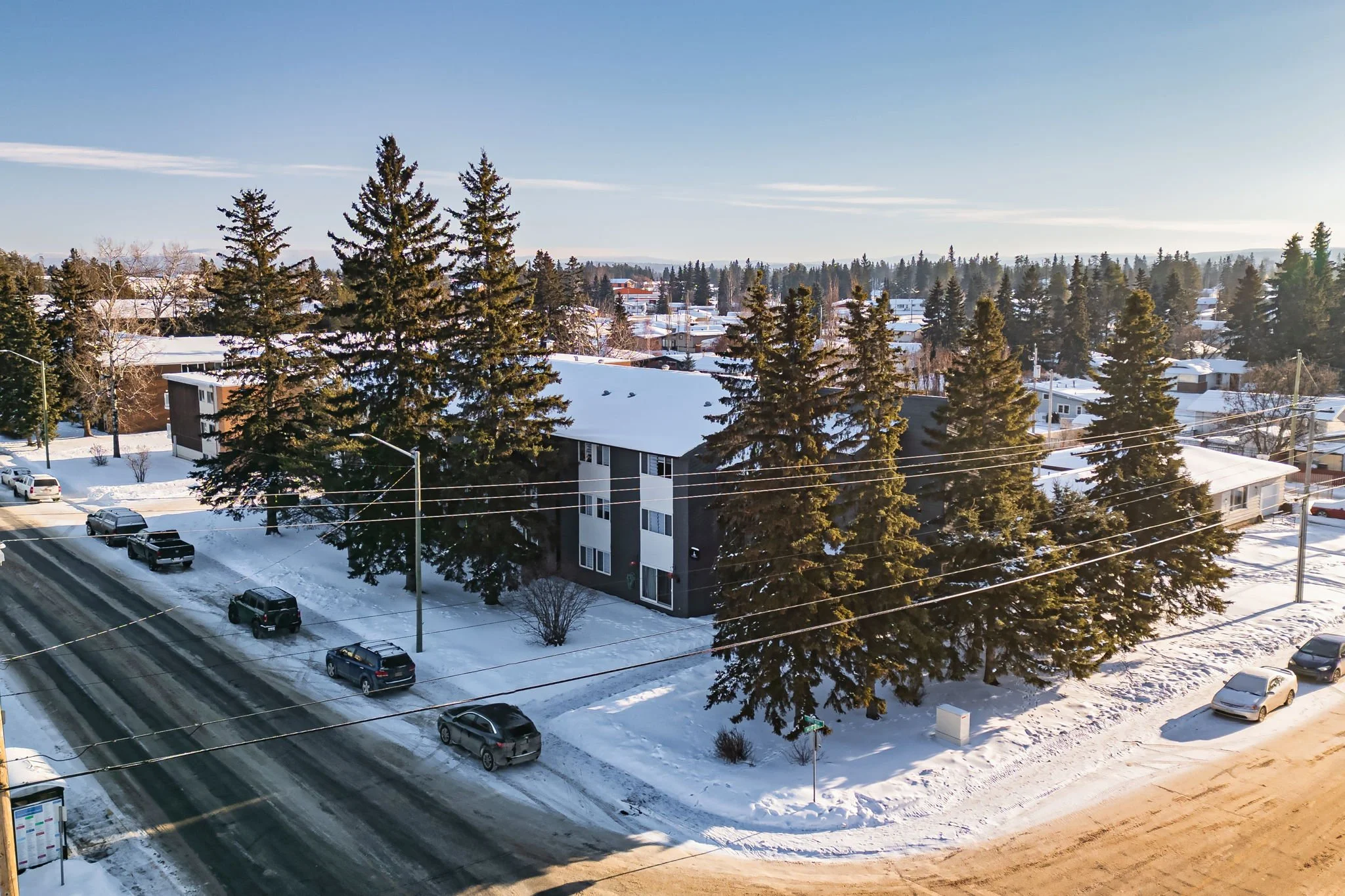 Snow-covered residential neighborhood with trees and parked cars along a road.