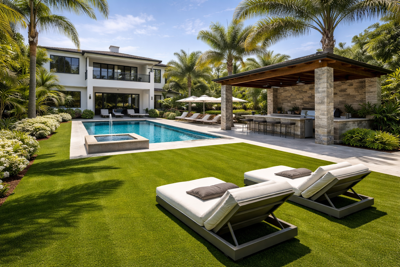 Luxury backyard with swimming pool, lounge chairs, and a house with balconies, surrounded by tall palm trees and lush greenery.