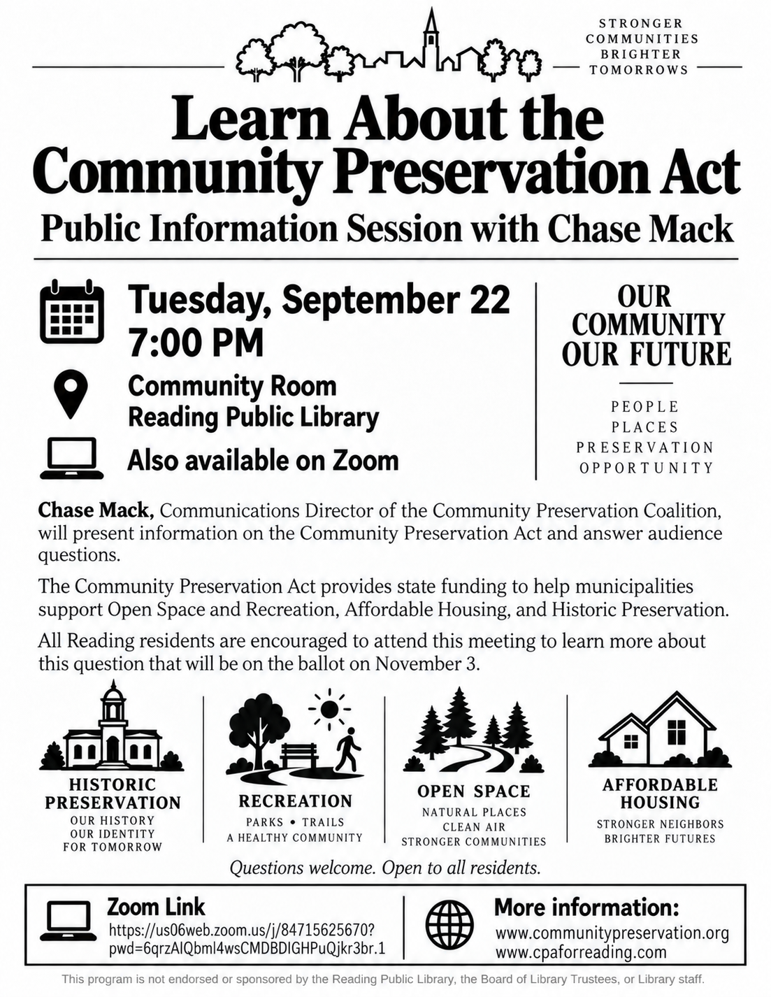 Flyer for a public information session on the Community Preservation Act with Chase Mack, Tuesday, September 22 at 7 PM, in the Community Room at Reading Public Library and via Zoom.