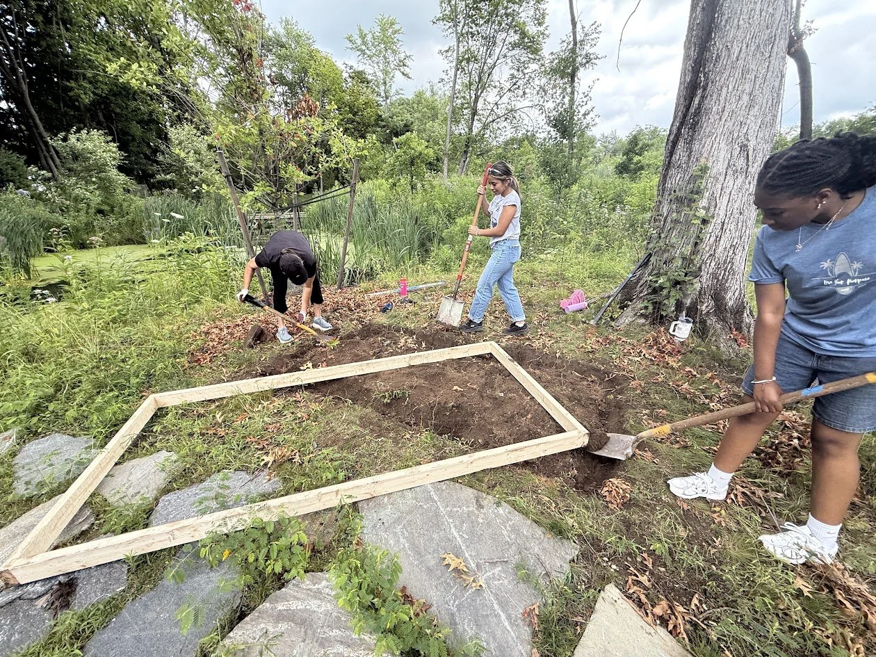 Three volunteers use shovels to dig around a rectangular wooden frame set on the ground near a wetland edge.