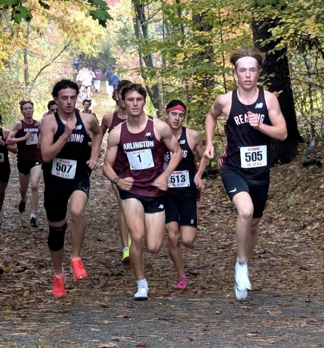 A Reading boy in bib 505 leads a pack of Reading runners in black and an Arlington runner in maroon along a leaf-covered wooded trail.