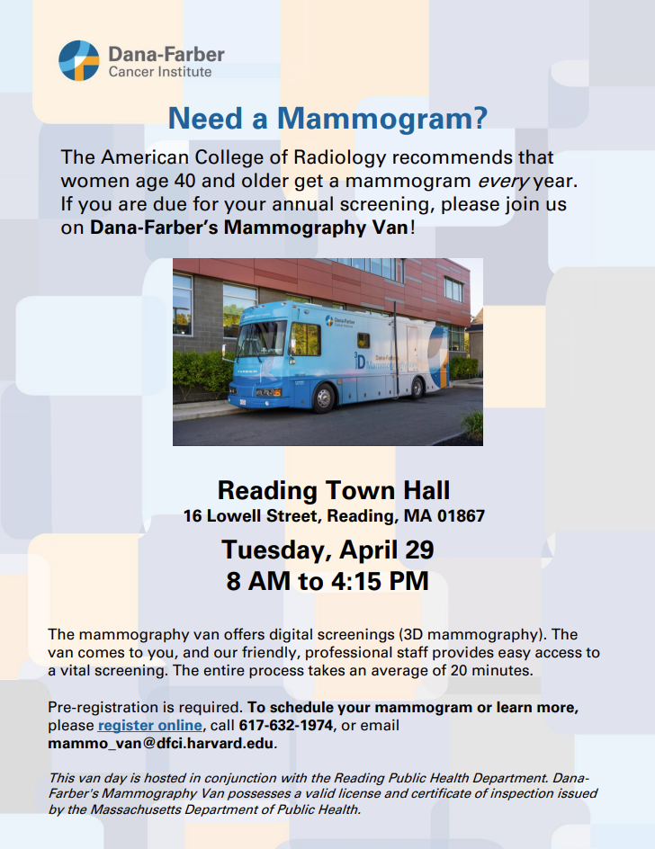 Dana-Farber Mammography Van returns to Reading on April 29