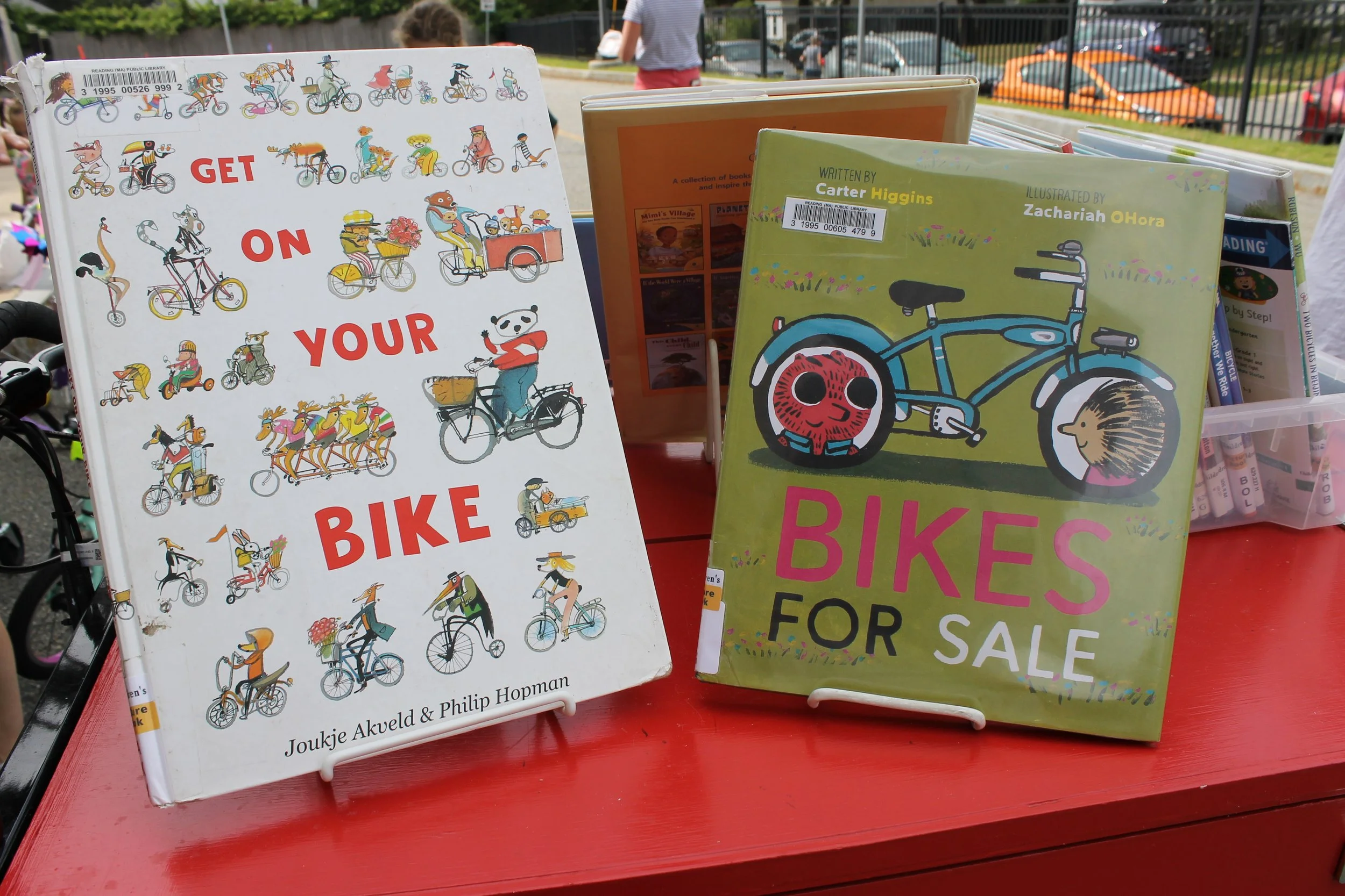 Books on display on the RPL Book Bike at the Bike Rally on August 14, 2025.