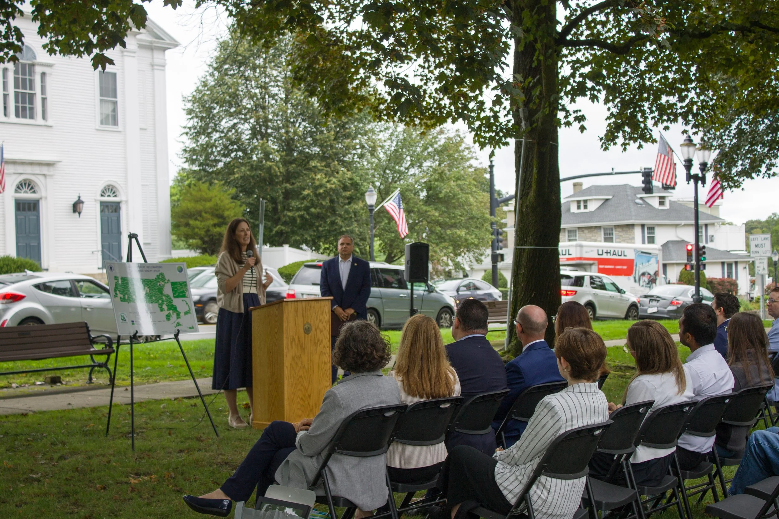 Chair of the RMLD Board of Commissioners Pam Daskalakis speaking at the Green Communities Designation Event on August 21, 2025.