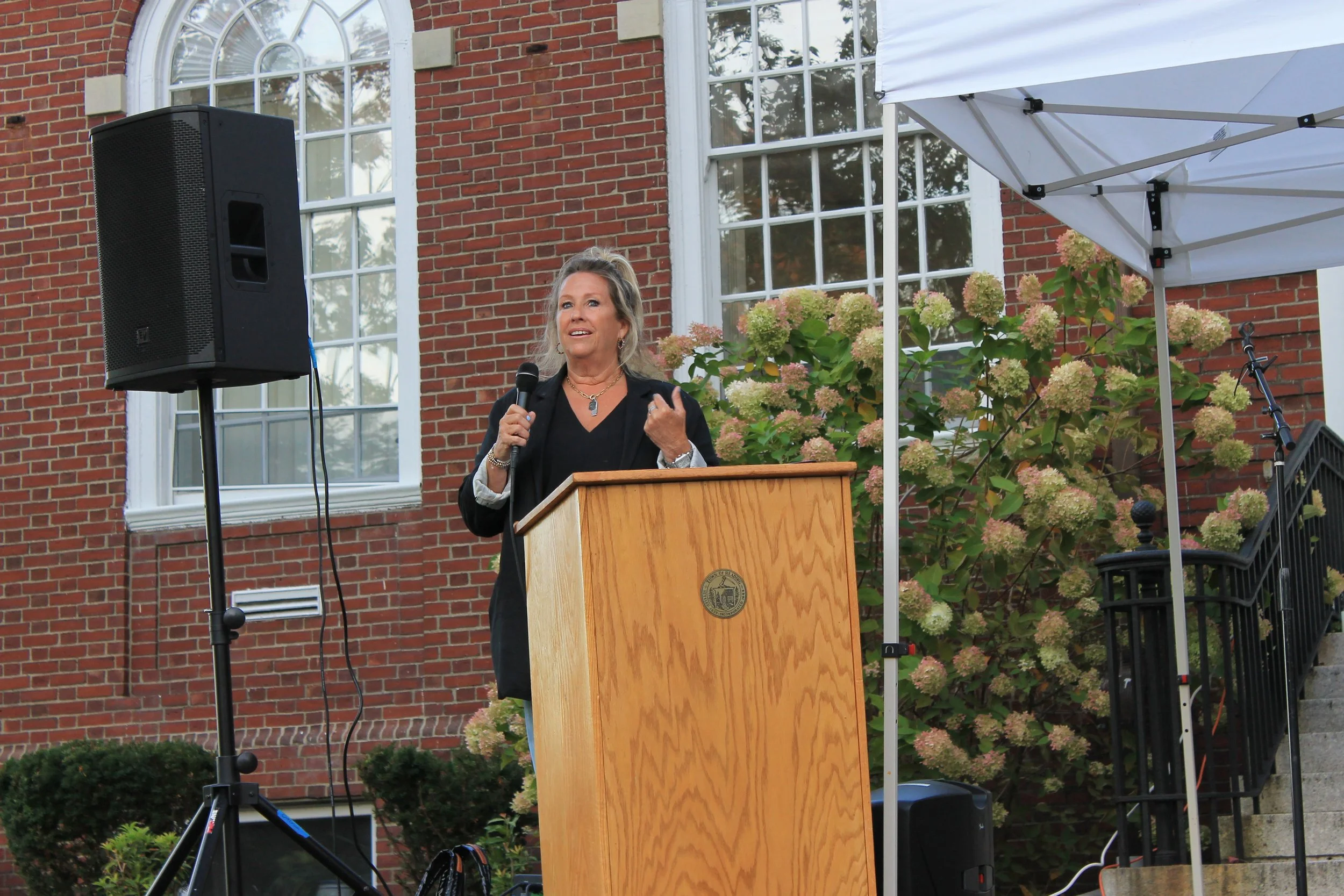 Guest speaker Barrie Brian of the Mystic Valley Public Health Coalition speaking at the A Time to Gather event held on September 17, 2025.