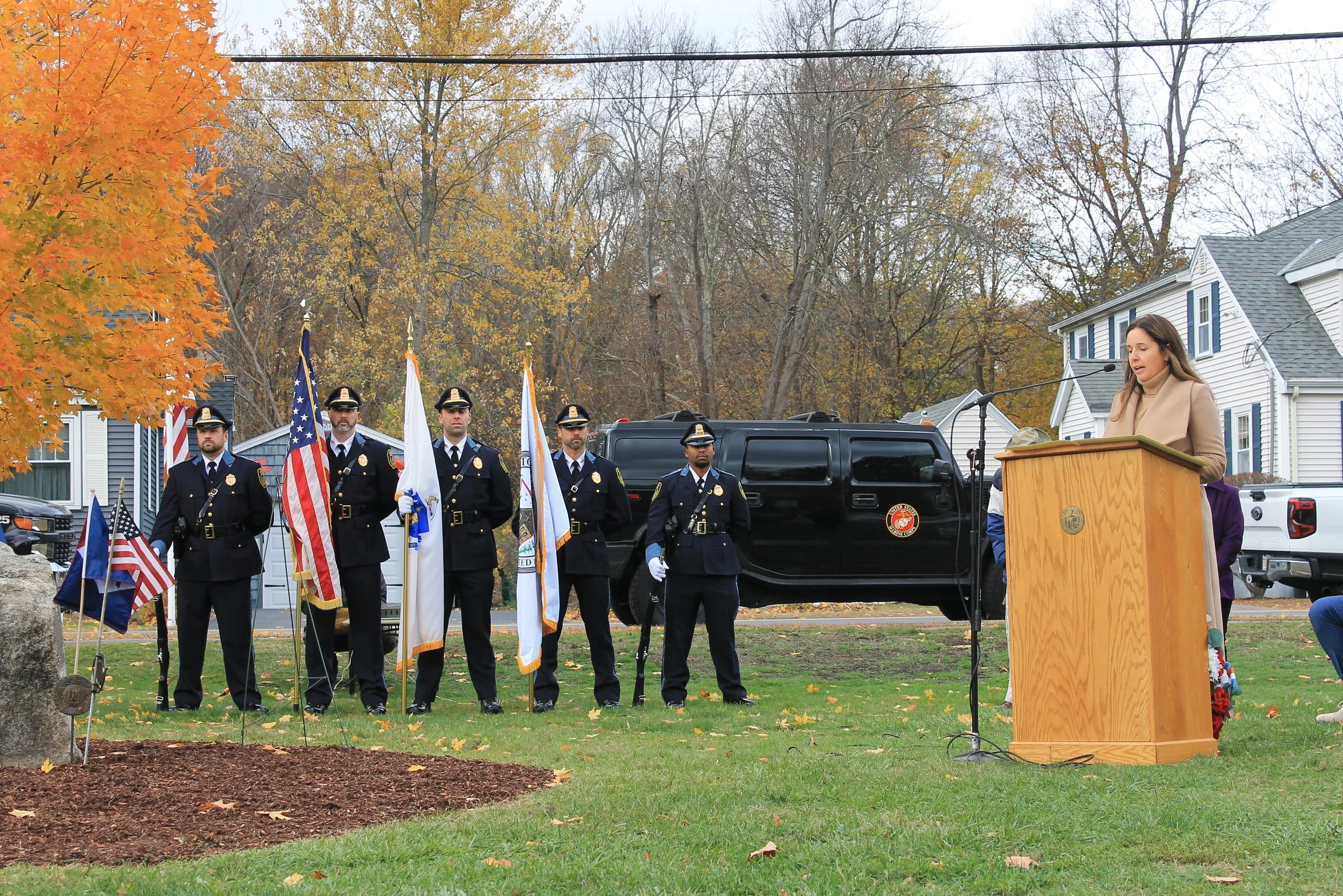 Select Board Vice Chair Melissa Murphy delivering the Governor's Veterans Day Proclamation at the Veterans Day Ceremony at Memorial Park.