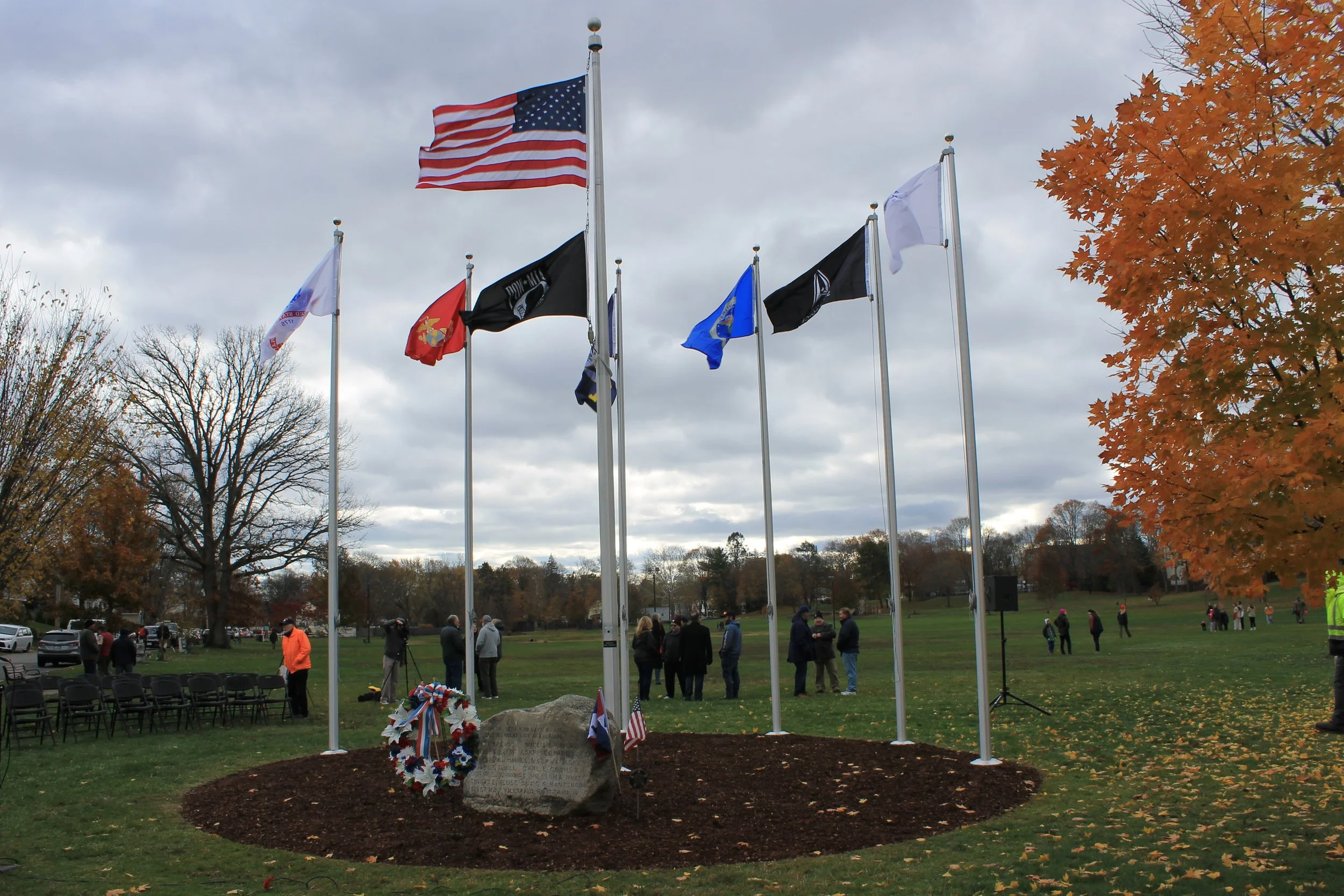 Flags and memorial marker at Memorial Park.