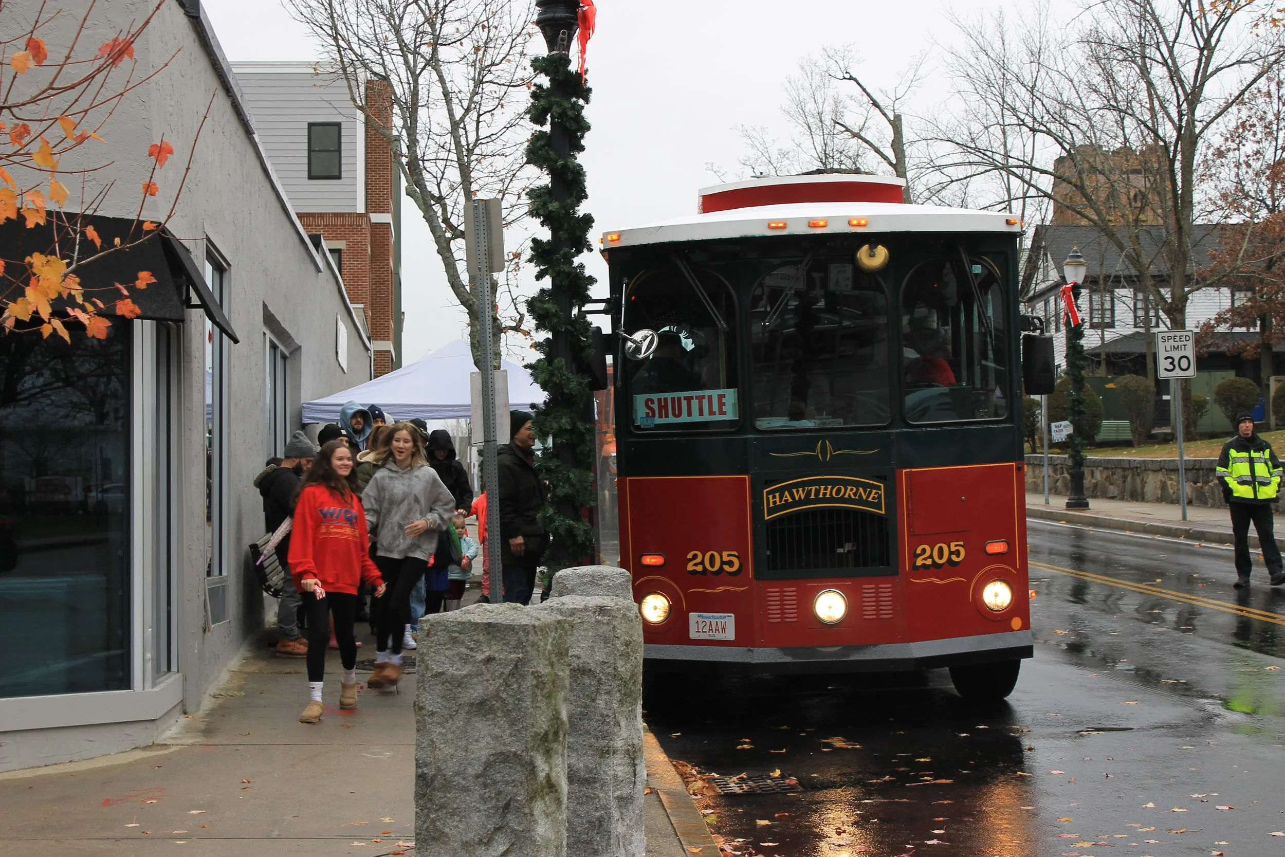 The trolley that brought patrons around the downtown area at the Tree Lighting Ceremony on the Town Common.