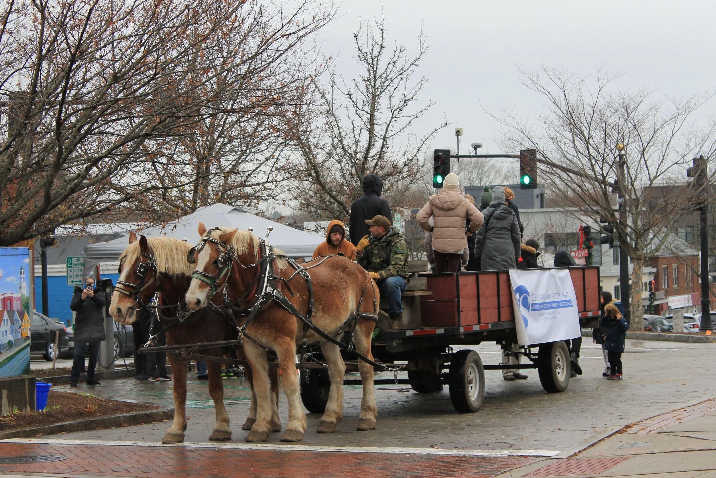Horse-drawn hayrides downtown at the Tree Lighting Ceremony on the Town Common.