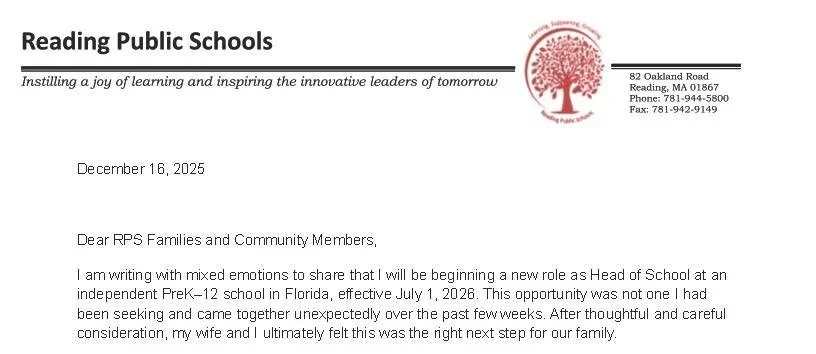 Reading Superintendent announces departure at end of 2025-2026 school year