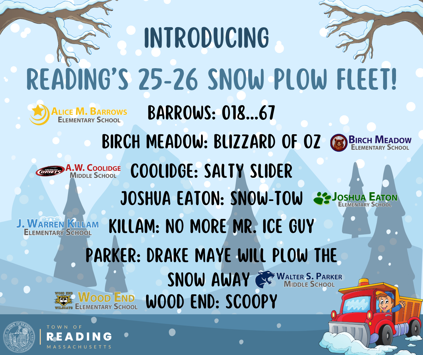 Reading students name DPW snowplow fleet for the 2025-2026 season