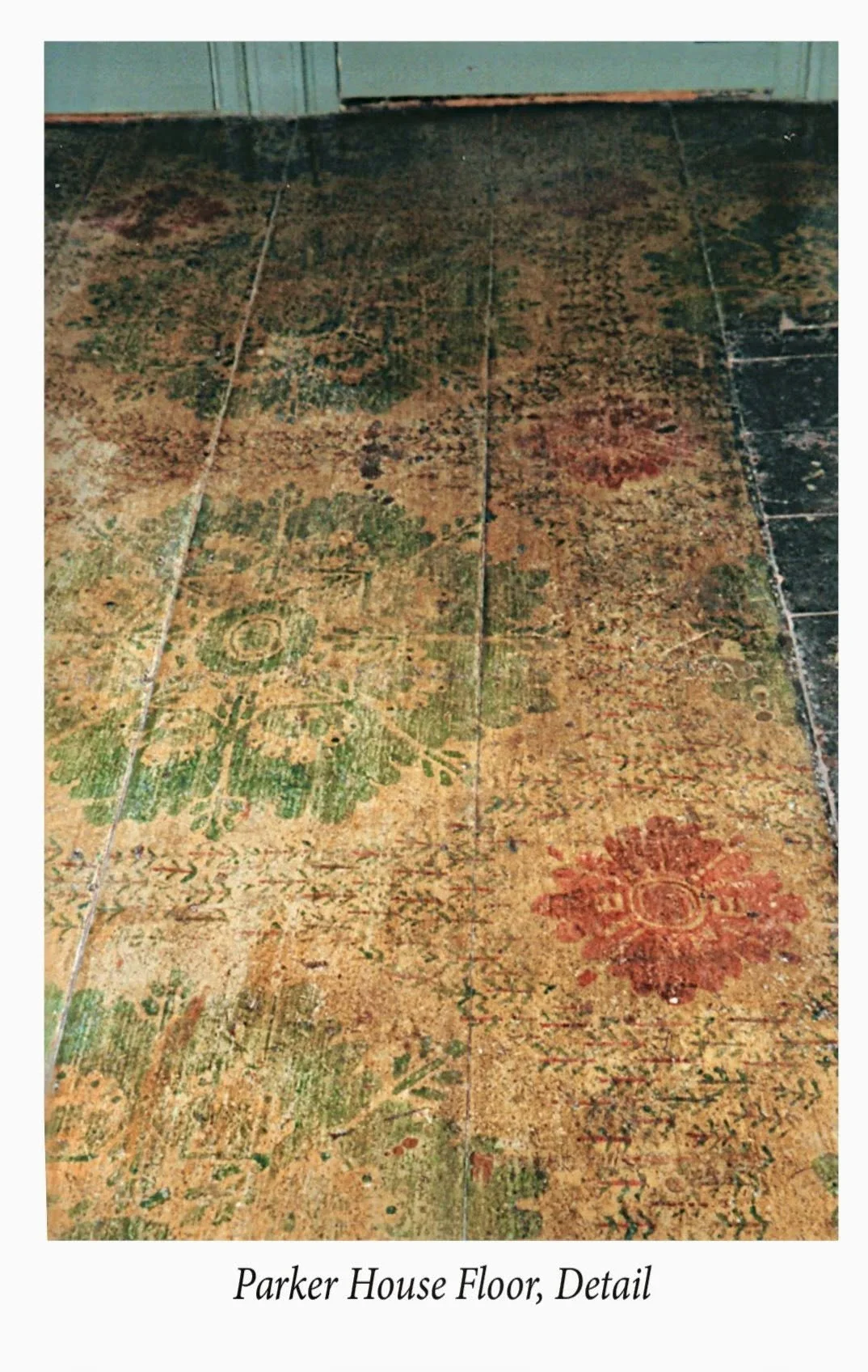 Close-up of the original hand-stenciled floor at the Parker House, highlighting intricate patterns and historic craftsmanship dating back to the late 18th or early 19th century.