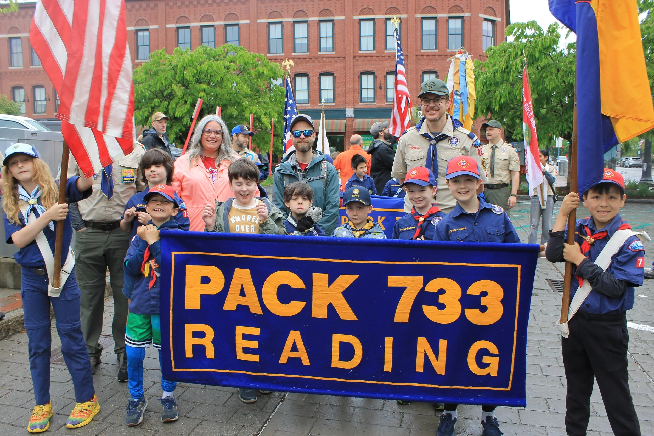 Scout pack 733 poses with scouts and troop leaders before the parade steps off.