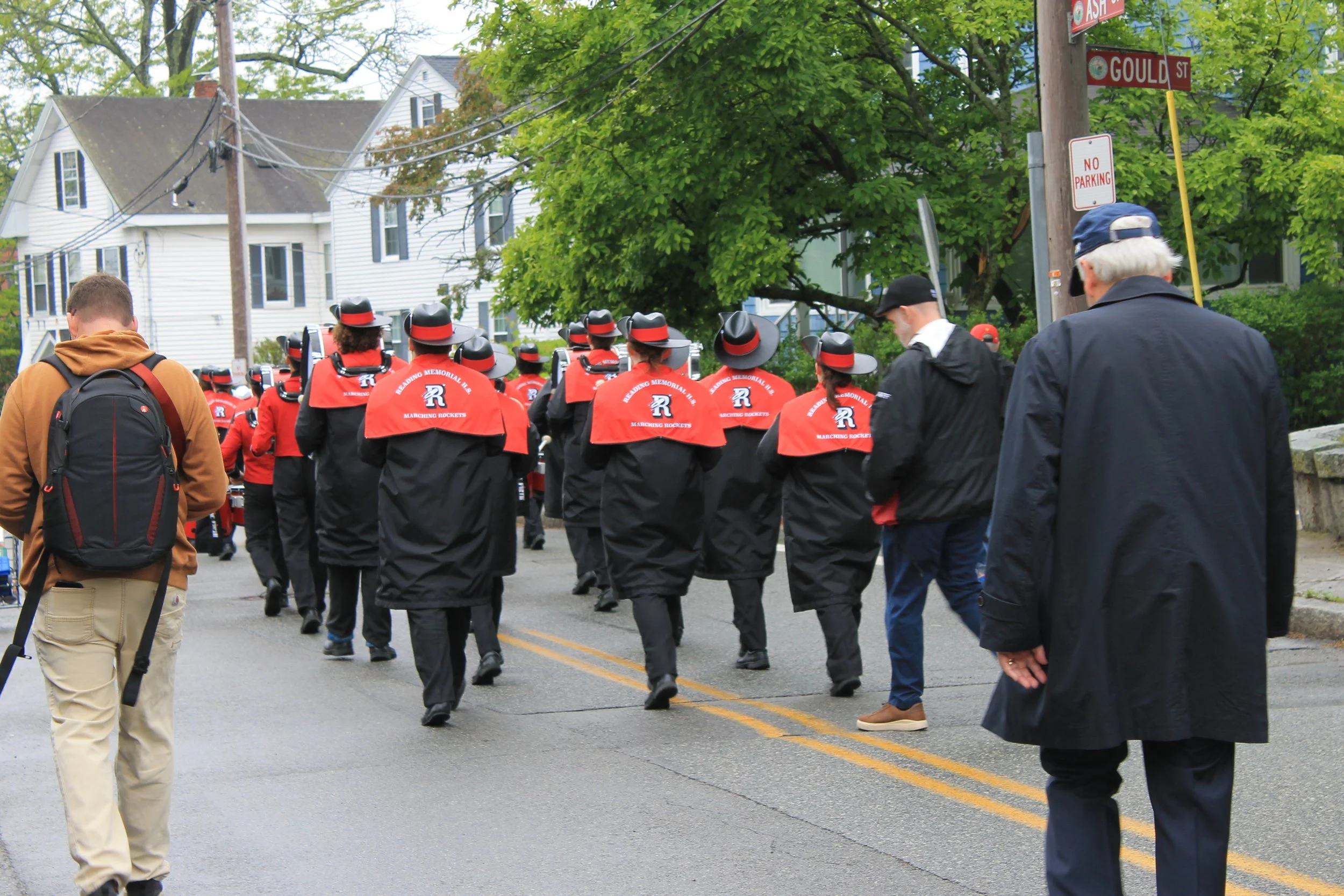 The RMHS Marching Band making their way through the resdiential streets toward Laurel Hill Cemetery.