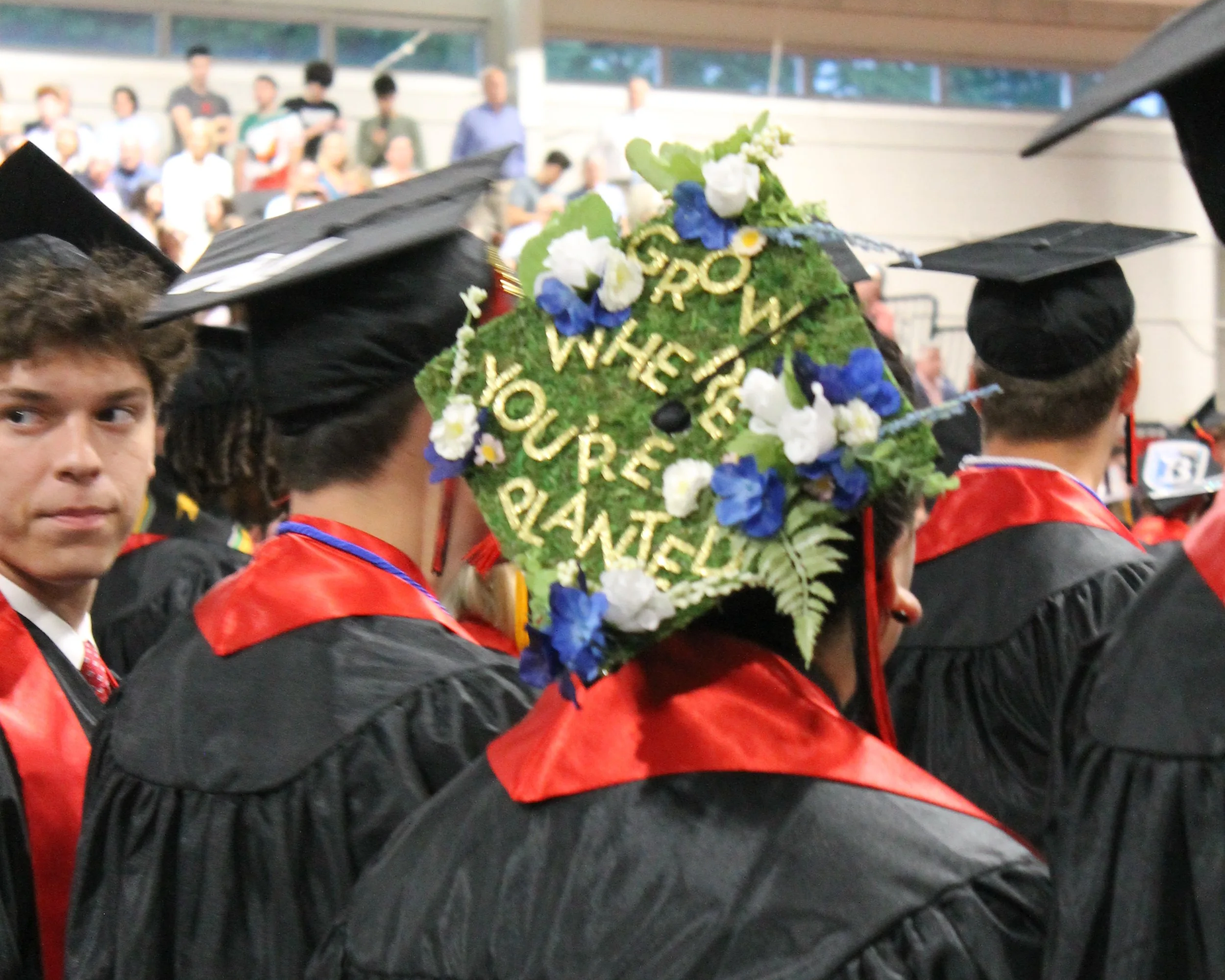 A graduate's cap, decorated with blue and white flowers and the message "Grow Where You're Planted," stands out among the crowd.