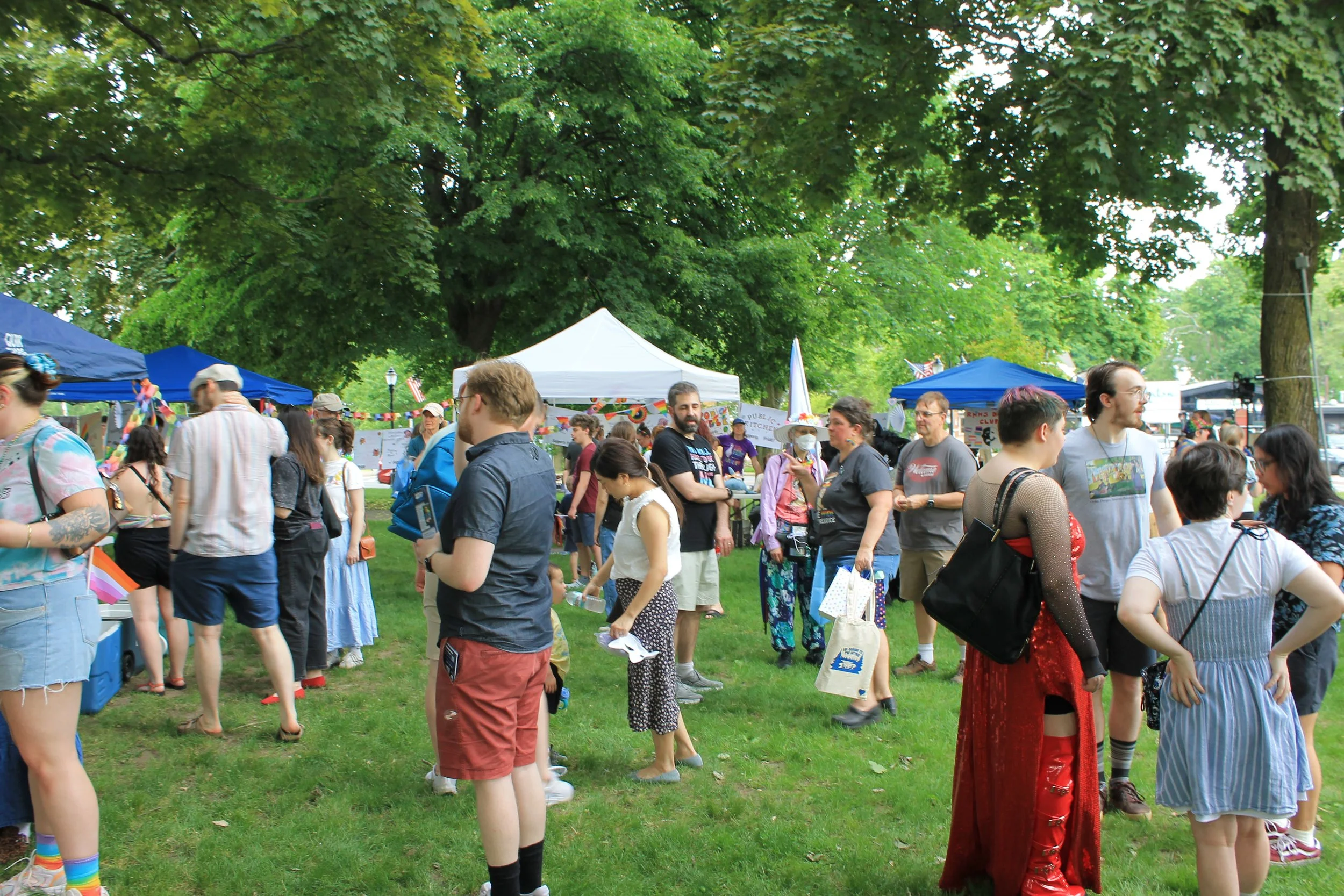 Community members mingle on the Reading Town Common during the Pride celebration, with organization tents lining the grounds.