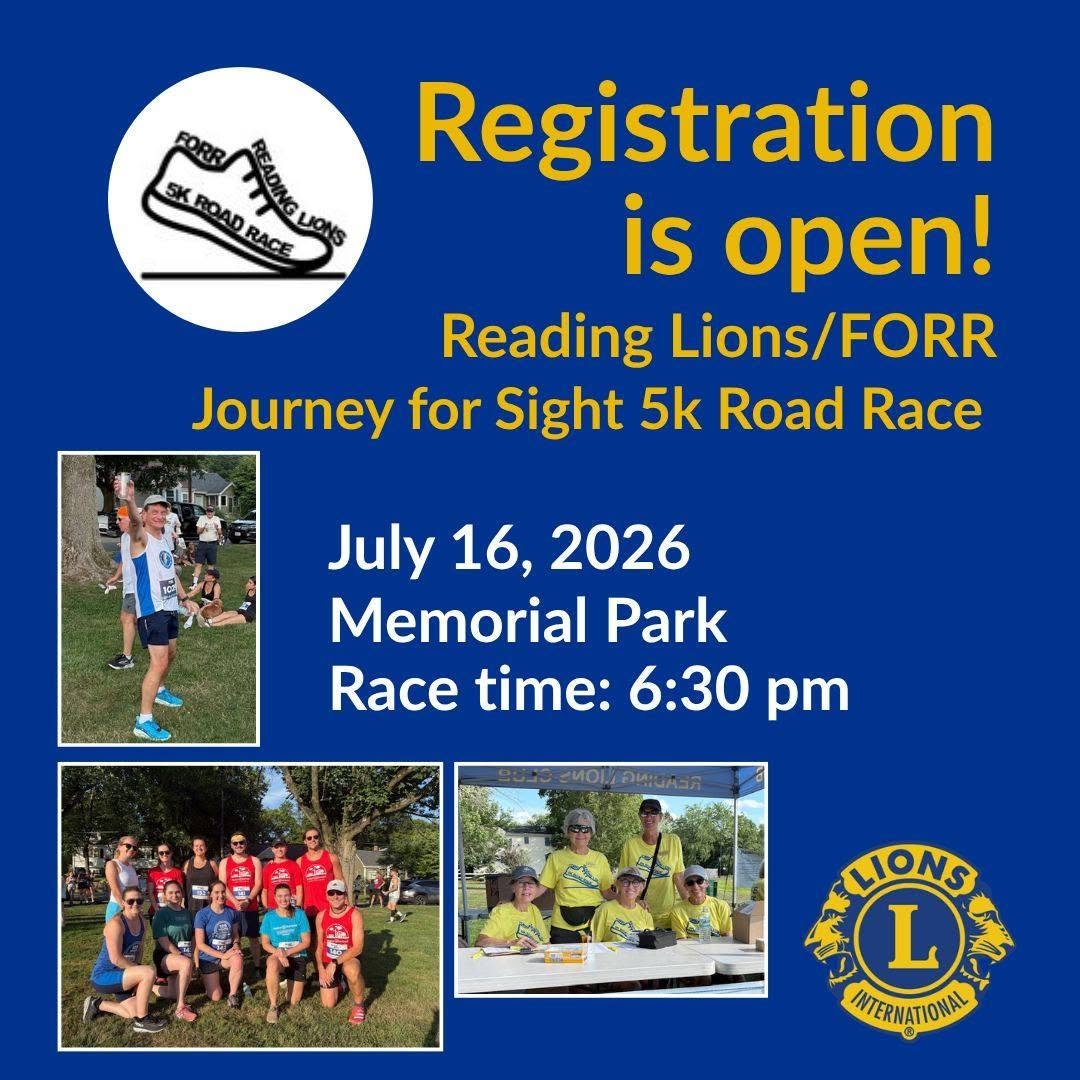 Register today for the Reading Lions Club &amp; Friends of Reading Recreation 41st Annual Journey for Sight 5K Road Race