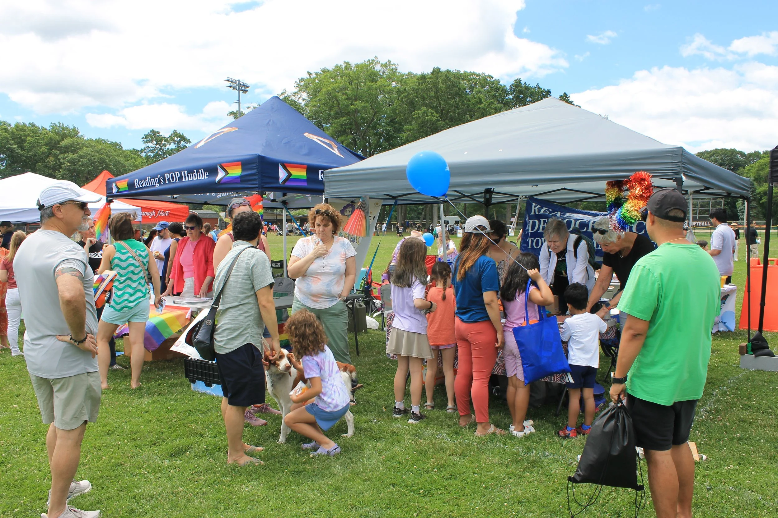 Community members stop by the Reading POP Huddle and Reading Democratic Town Committee tents.