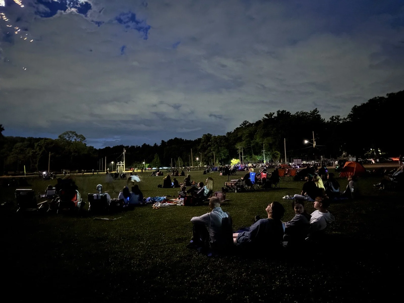 Families settle onto the grass as the fireworks explode overhead.