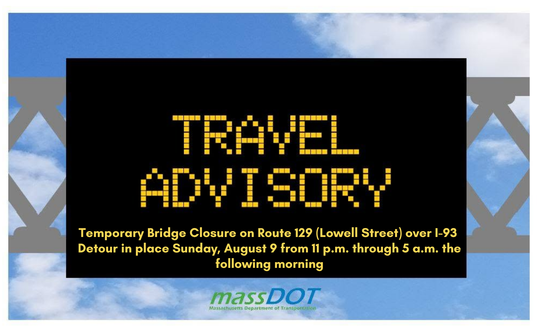 Overnight closure and detour set for Lowell Street (Route 129) over I-93 on August 9