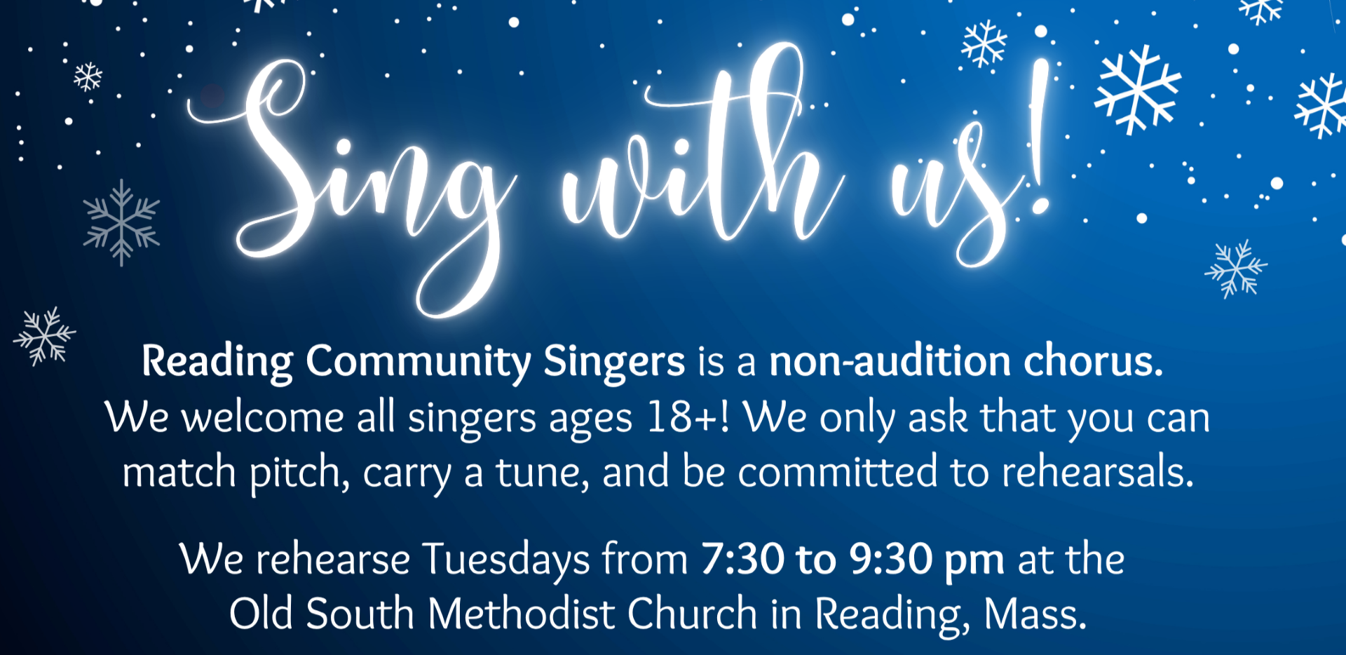 Reading Community Singers ~ 3 OPEN Rehearsals ~ Aug 25, Sept 1 &amp; 8 ~ Sing with Us!
