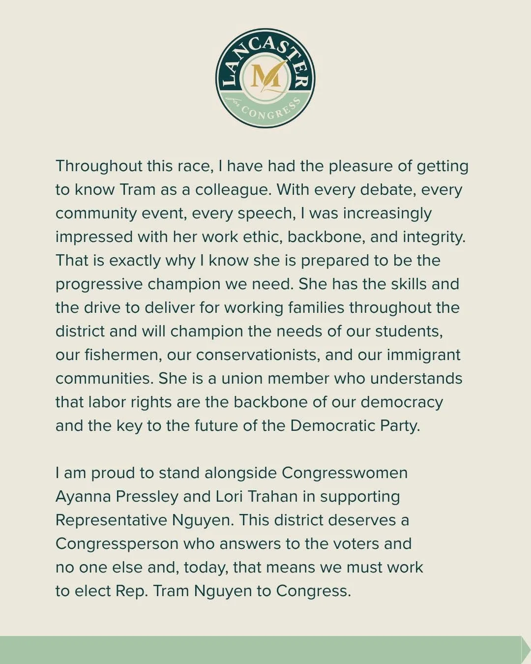 Statement from Dr. Mariah Lancaster on her campaign Facebook page.